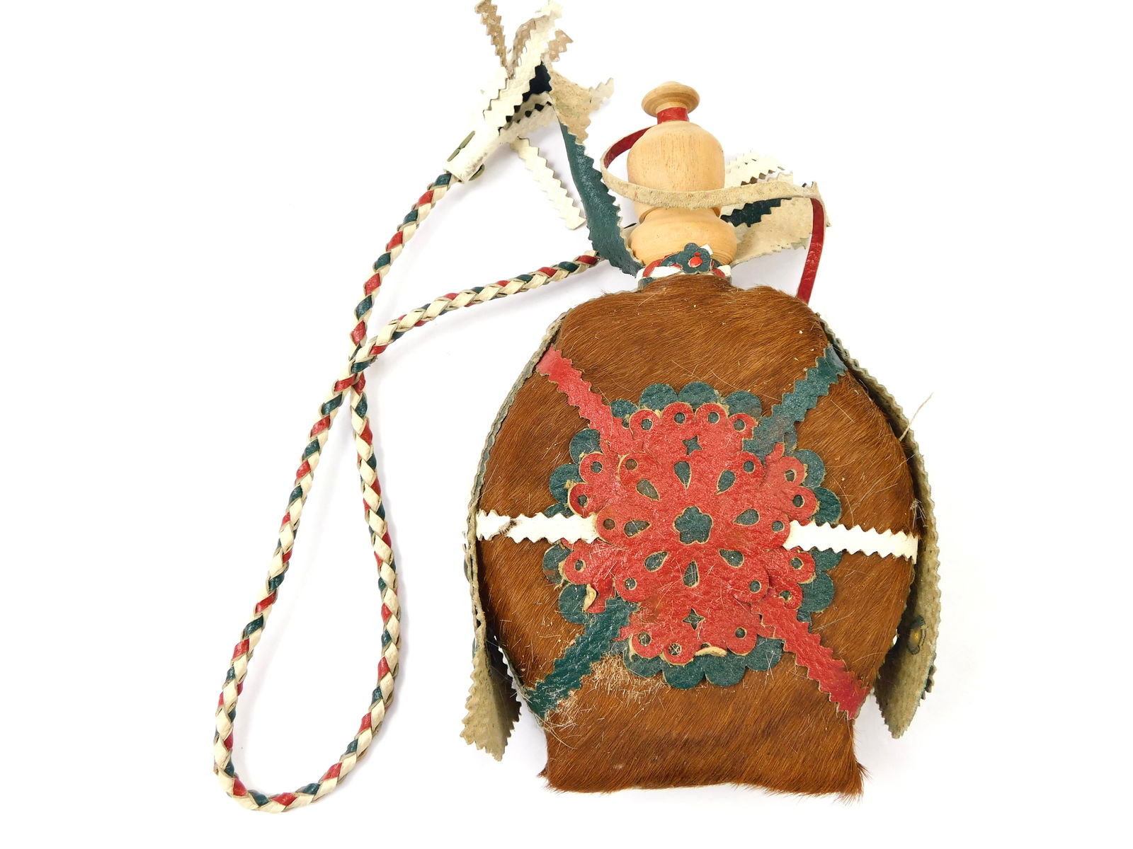 Vintage Hungarian Hungary Horse Fur Leather Wood Decorative Canteen Flask Folk Art: Vintage Hungarian Horse Fur, Leather & Wood Decorative Canteen