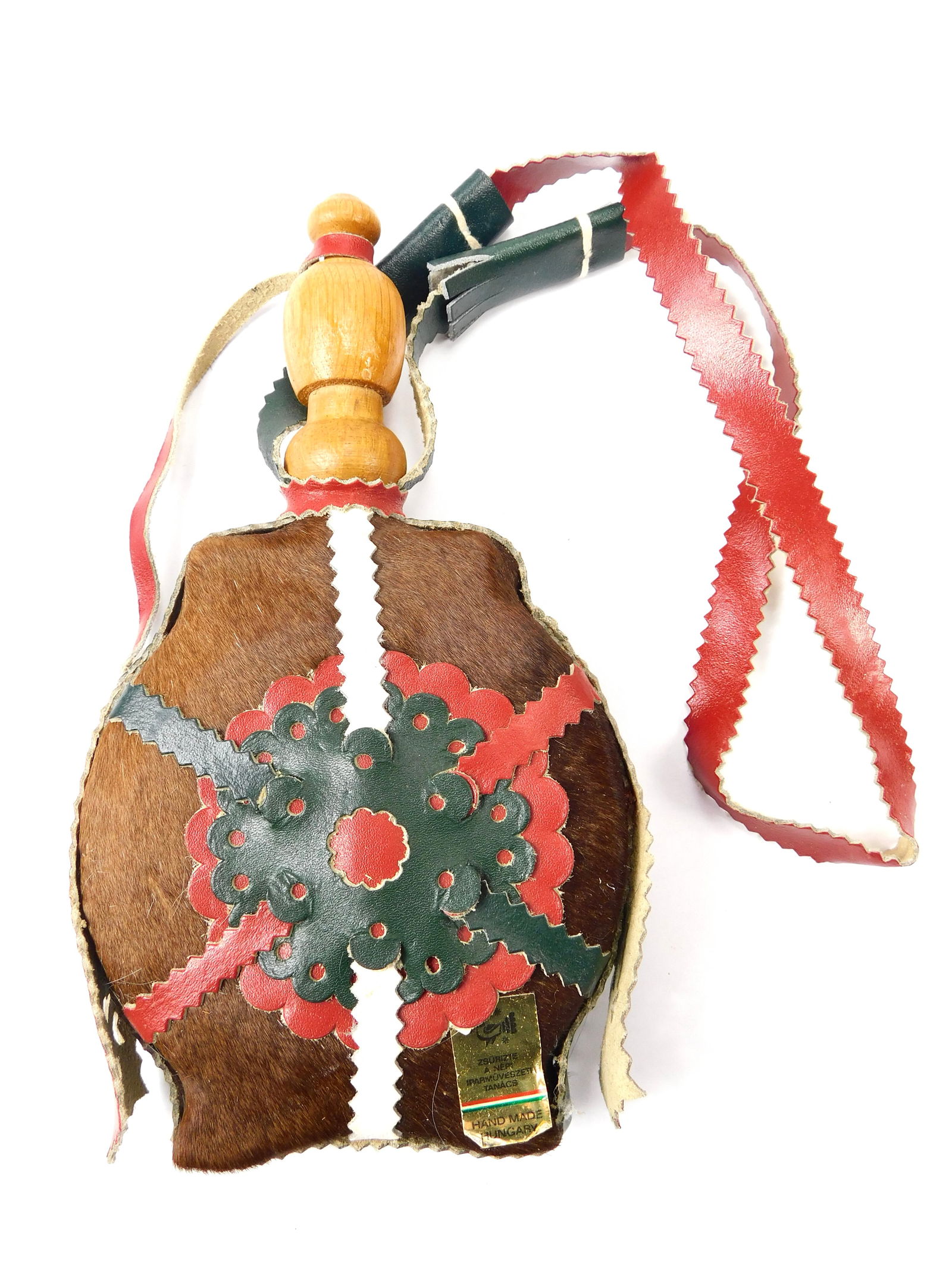 Vintage Hungarian Hungary Horse Fur Leather Wood Decorative Canteen Flask Folk Art: Vintage Hungarian Horse Fur, Leather & Wood Decorative Canteen