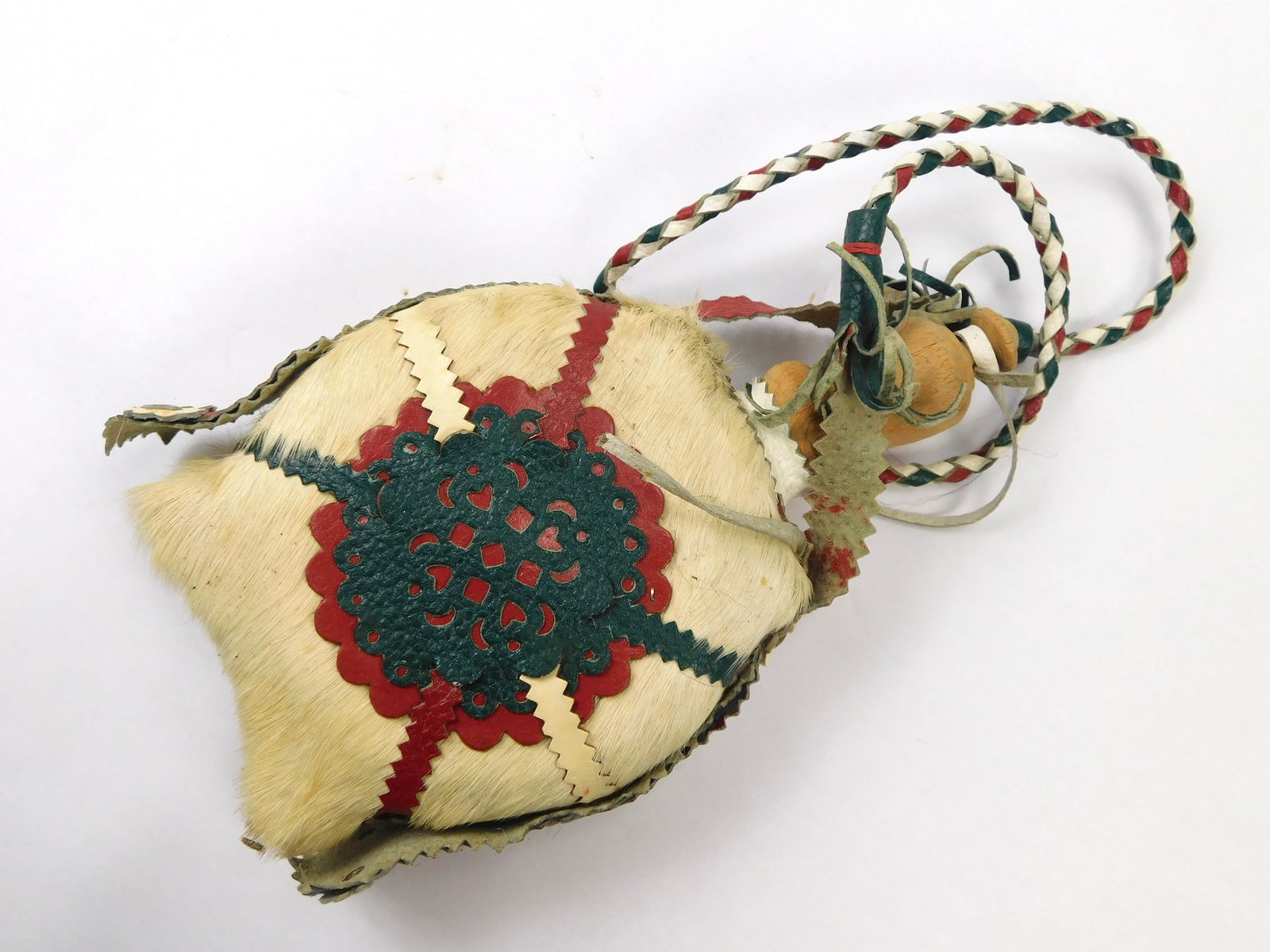 Vintage Hungarian Hungary Horse Fur Leather Wood Decorative Canteen Flask Folk Art: Vintage Hungarian Horse Fur, Leather & Wood Decorative Canteen