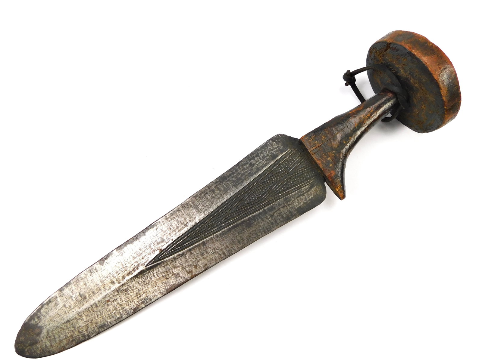Antique 19 Century African Africa Large Knife Short Sword: Antique 19 Century African Large Knife / Short Sword. No sheath. The wood handle is damaged but solid. 17 3/8" long with 12 1/4" blade.