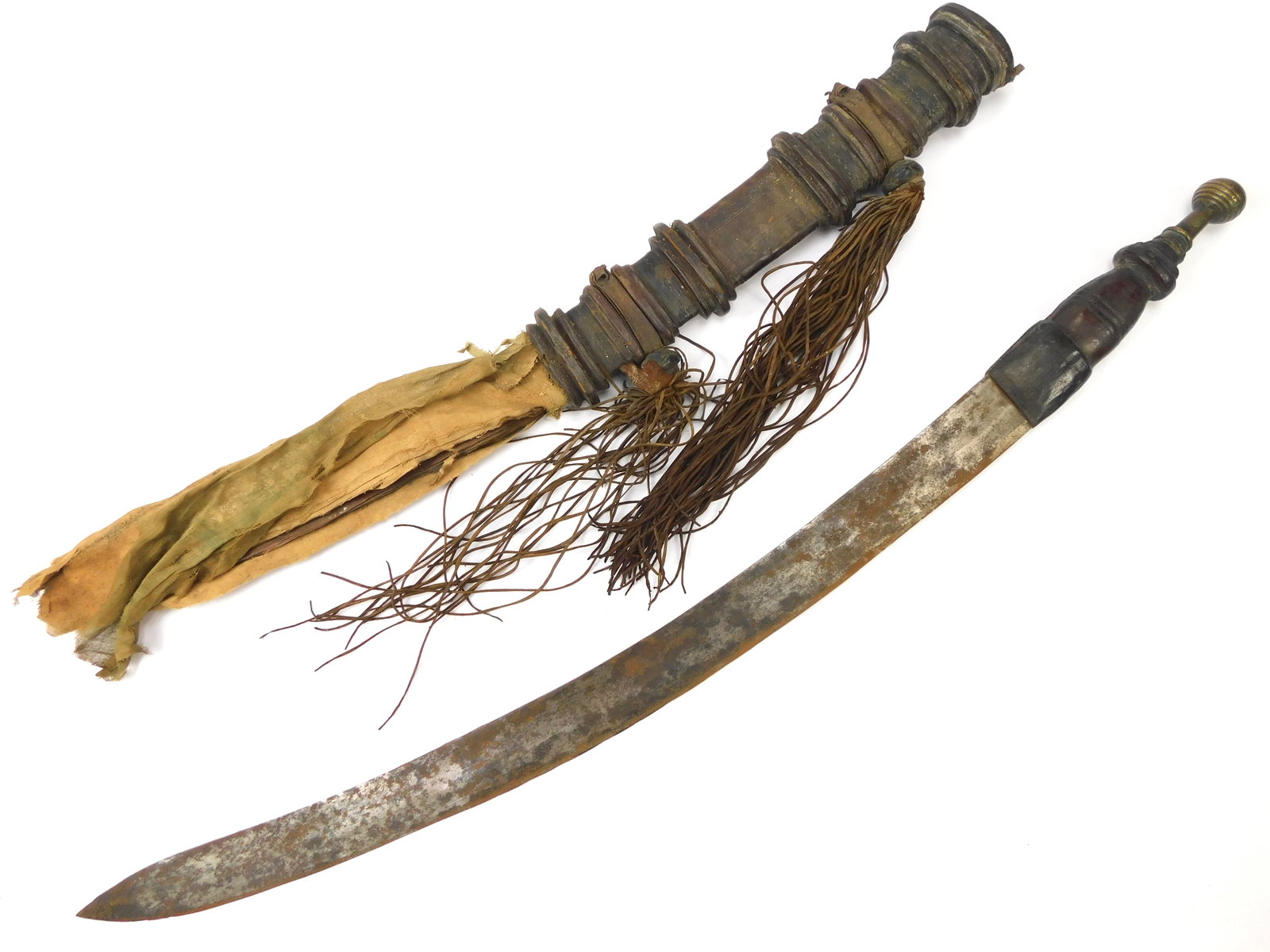 Antique Africa African 19 Century Sword with Scabbard: Antique African 19 Century Sword with Scabbard. The scabbard is in fair condition, please see the pictures. 32 1/4" long with 24 3/4' blade.