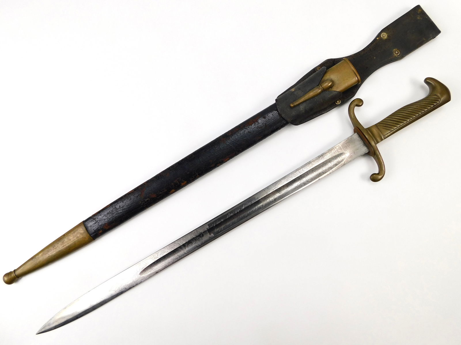 Germany German 19 Century Model 1871 Presentation Engraved Dress Bayonet Sword: German 19 Century Model 1871 Presentation Engraved Dress Bayonet with Scabbard and Leather Frog. Frog looks to be later period replacement (from WW2 Mauser). 23" total length. Blade is 18 1/2".