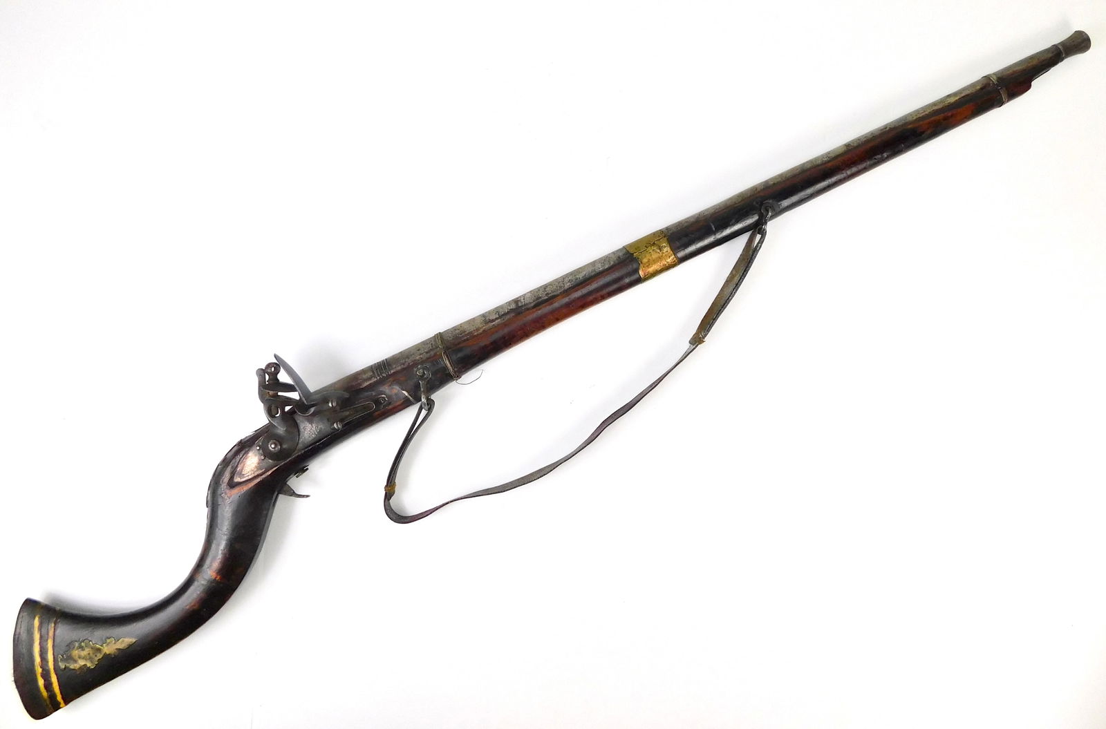 Antique Middle East Islamic Arab Decorated Flintlock Rifle Musket w/ Sling: Antique Middle Eastern Decorated Flintlock Rifle with leather rifle sling. Mechanically works well with double click. Dark rusty bore. FFL is now required to ship antique guns to New York and New Jers