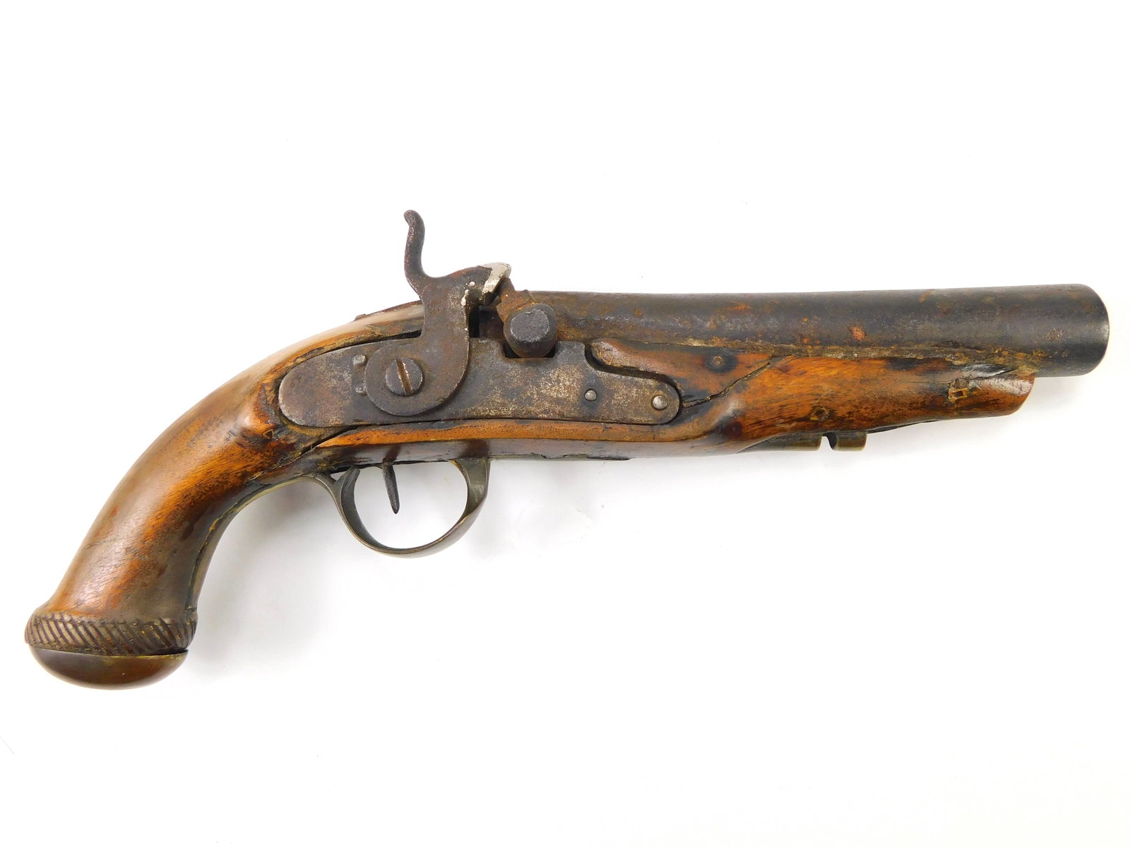 Antique 19 Century Percussion Black Powder Pistol Handgun: Antique 19 Century Percussion Black Powder Pistol. The action doesn't work properly. The metal piece on the handle bottom is loose. FFL is now required to ship antique guns to New York and New Jersey.