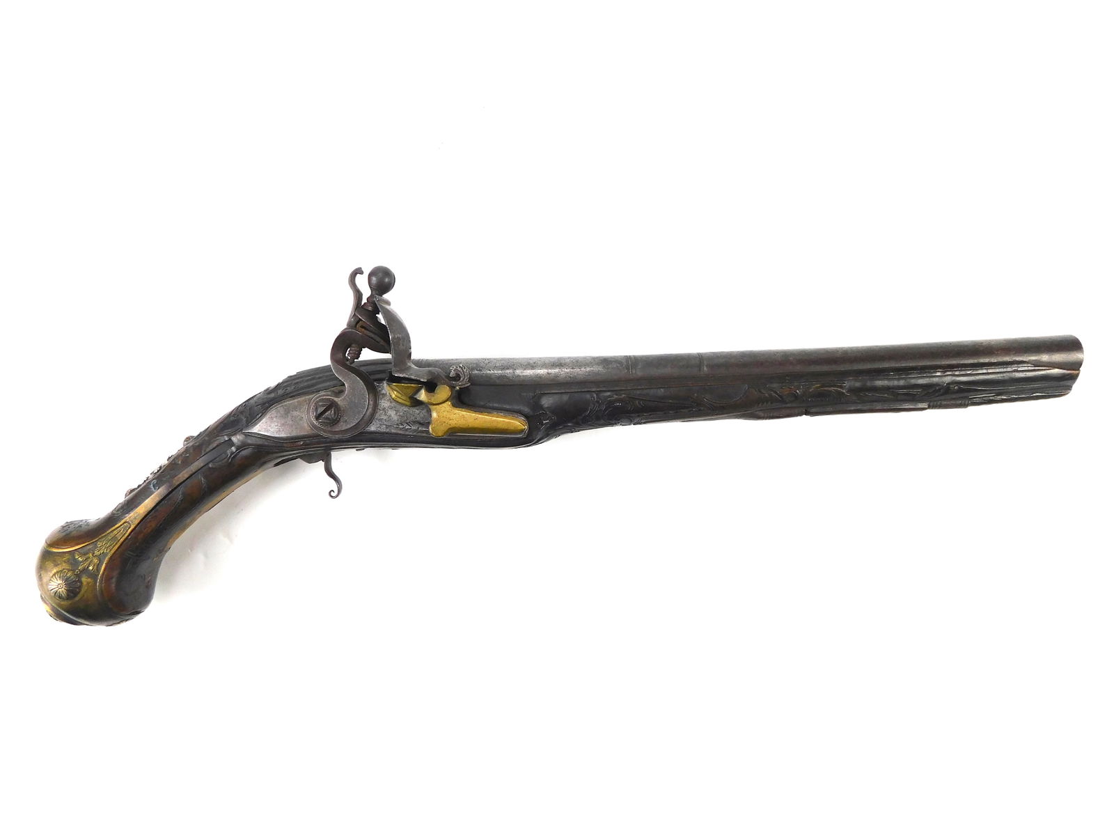 Fancy 18-19 Century Middle East Islamic Arabic Flintlock Pistol Handgun Engraved Carved: Scarce 18th-19th Century Middle Eastern Islamic Arabic or Turkish Flintlock Pistol. Fancy carved, jeweled ,silver decorated, engraved coat of arms shield. Mechanically works well with double click. FF