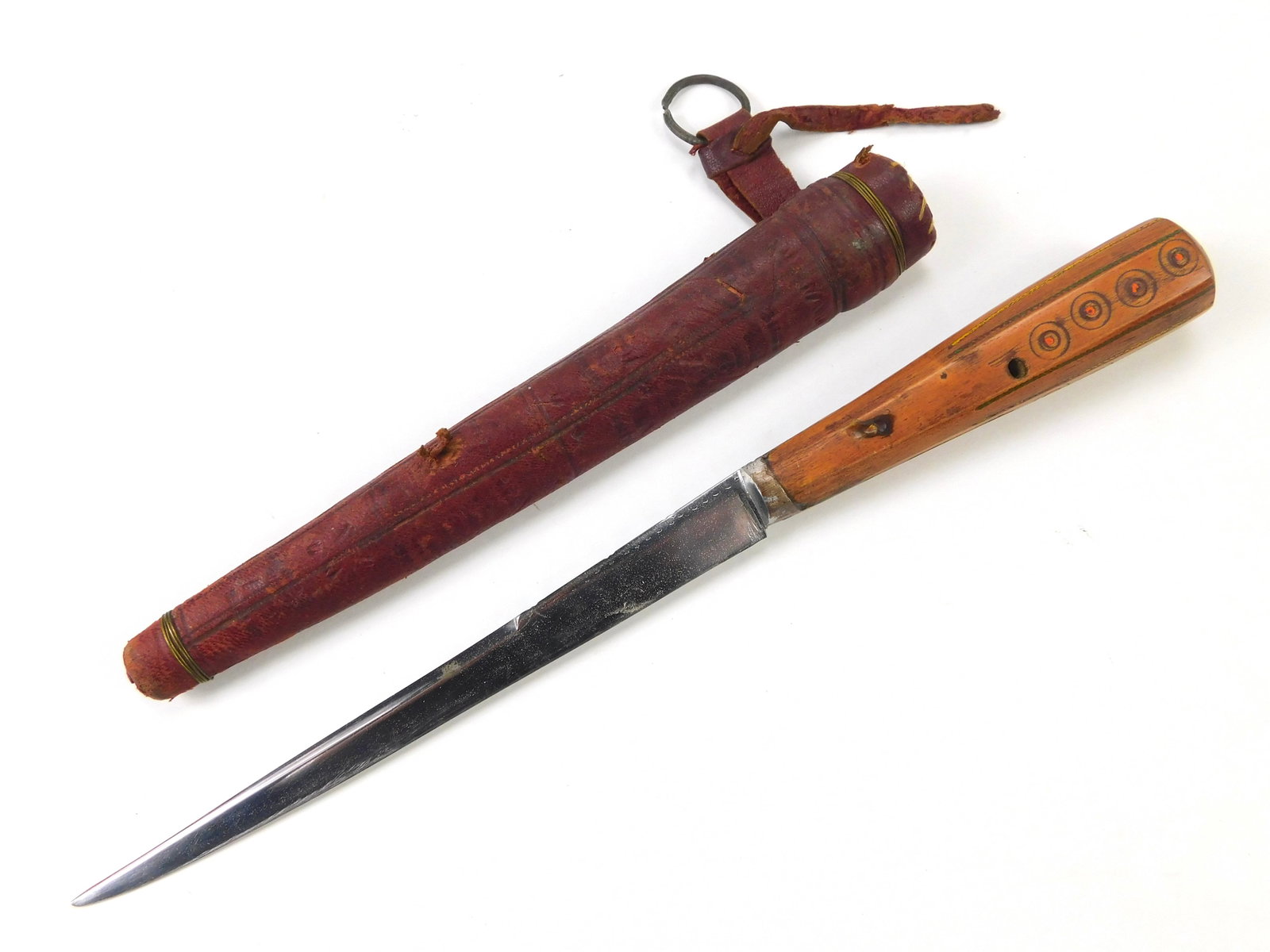 Vintage old Africa African Unusual Hunting Fighting Knife w/ Sheath: Vintage African Unusual Hunting Fighting Knife with Sheath. Solid. 11 1/4" long with 6 5/8" blade.
