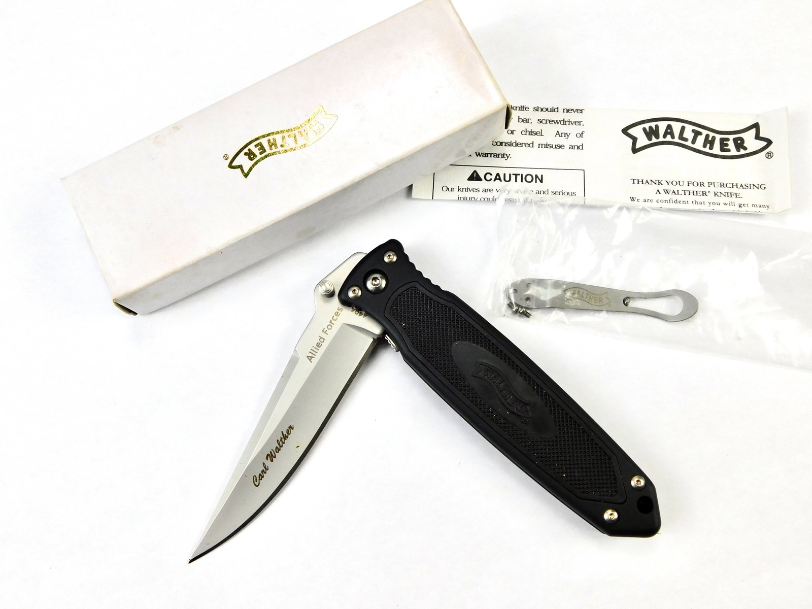 Walther Allied Forces Folding Pocket Knife: Walther Allied Forces Folding Pocket Knife. New old stock. With box.