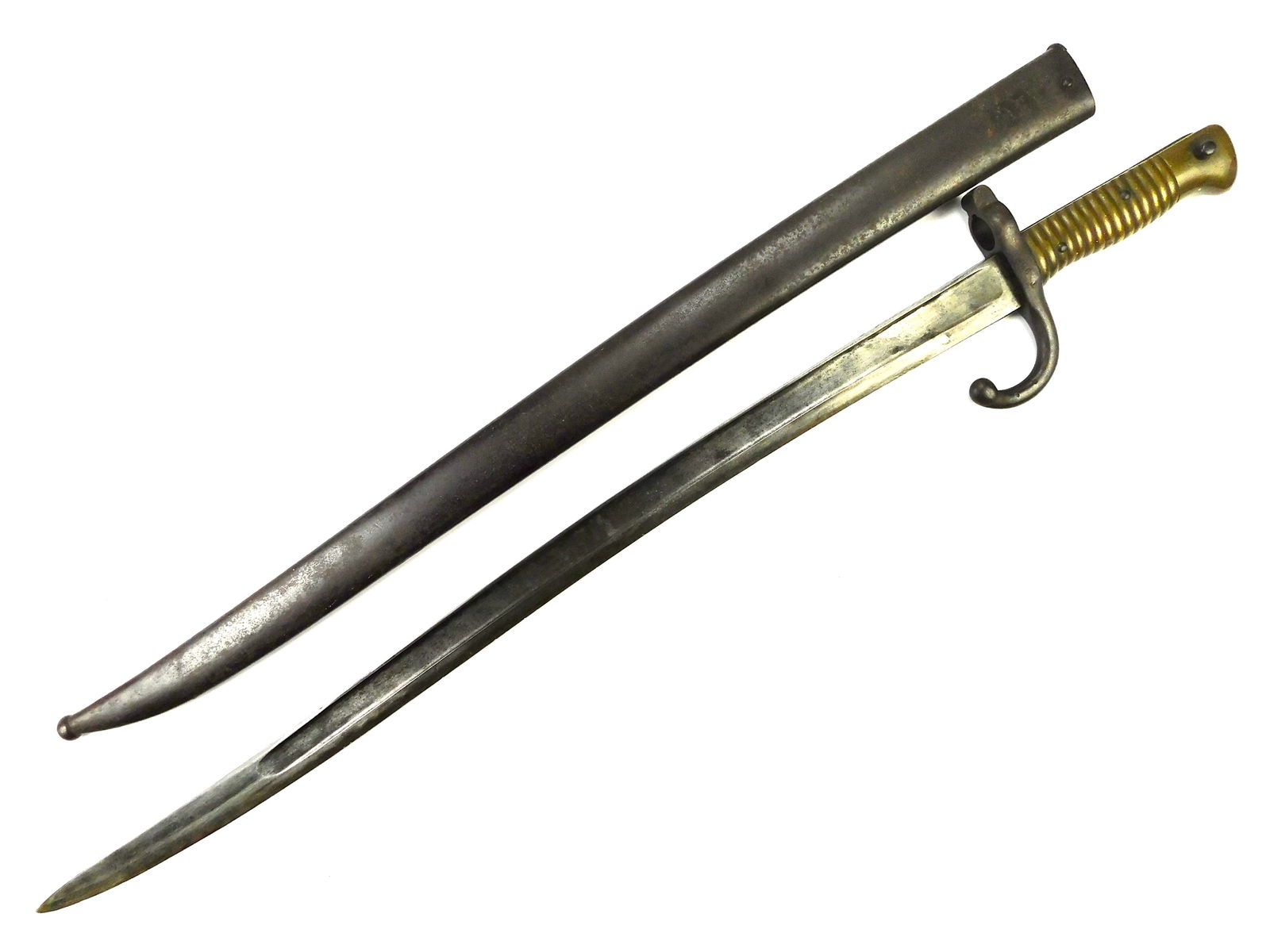 French France Pre WW1 19 Century 1871 Dated Yatagan Bayonet Short Sword Scabbard: French 19 Century 1871 Dated Yatagan. Bayonet with Scabbard. Solid. 27 1/2" long with 22 5/8" blade.