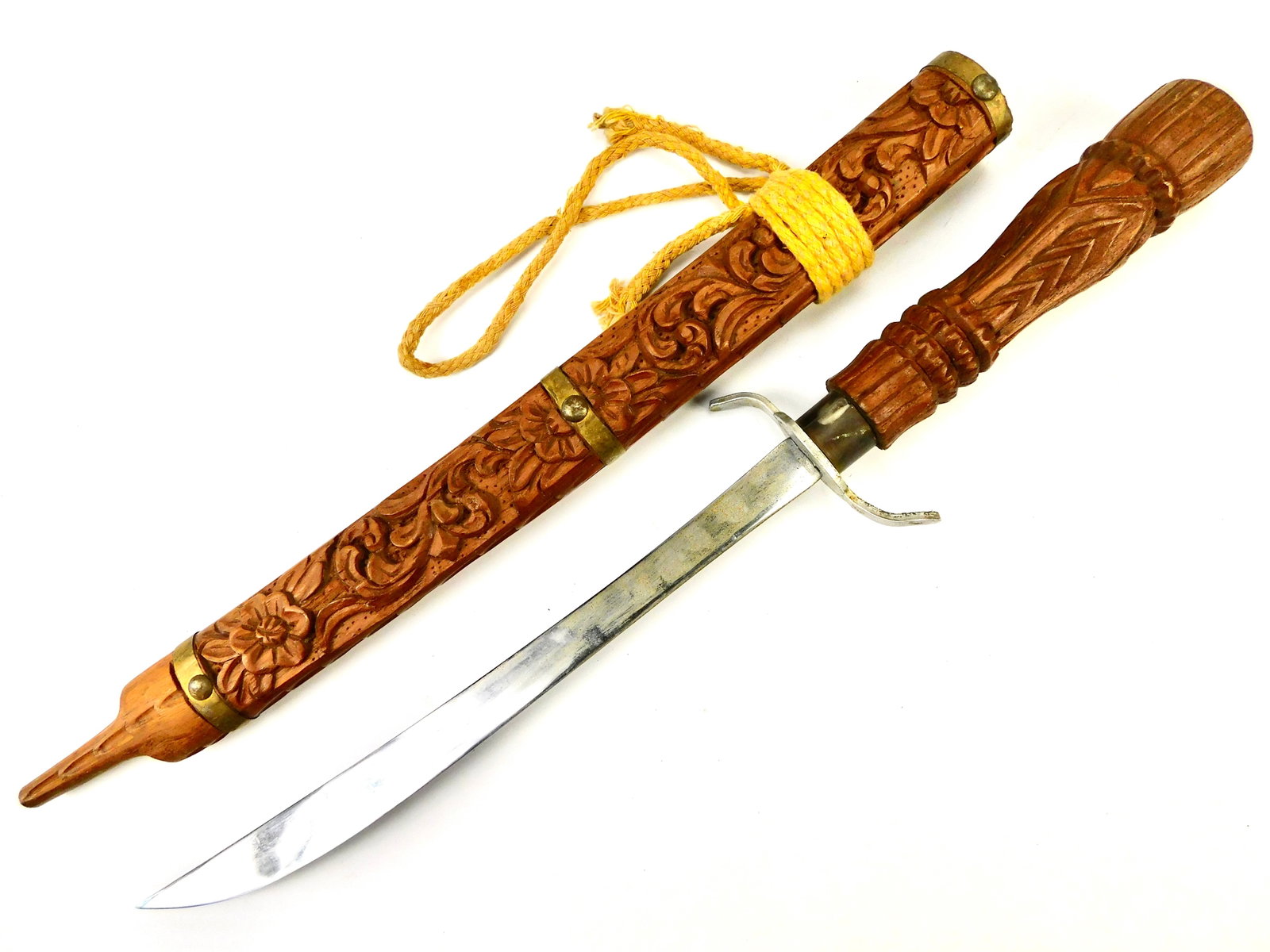 Vintage Old Indonesian Indonesia Carved Wood Short Sword Knife w/ Scabbard: Vintage Indonesian Carved Wood Short Sword. With scabbard. Guard is loose. 22 1/4" long with a 14" blade.