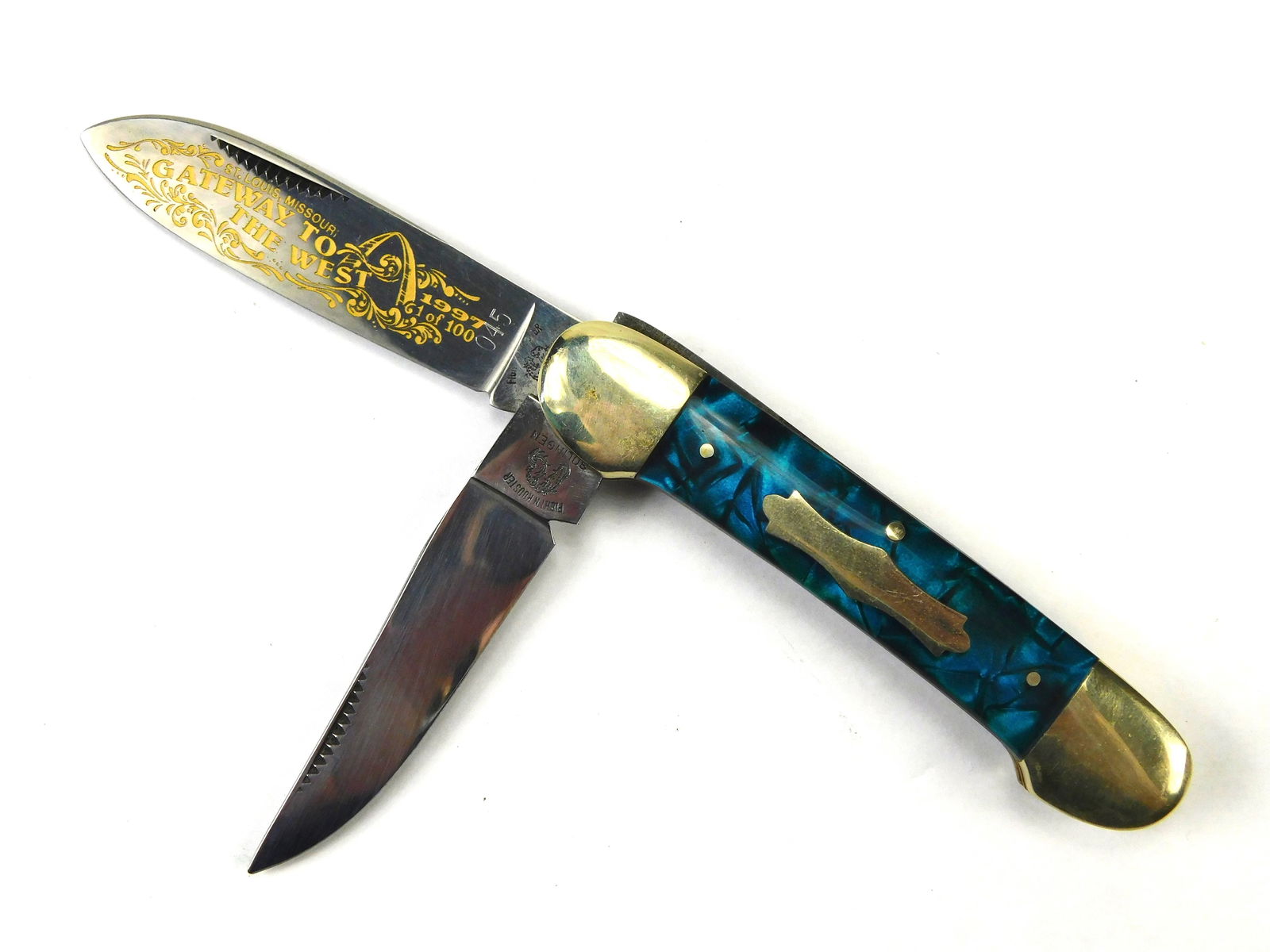 1997 German Solingen FRANK BUSTER FIGHT'N ROOSTER Limited Folding Pocket Knife Blue: 1997 German Solingen FRANK BUSTER FIGHT'N ROOSTER Limited Edition 2 Blade Folding Pocket Knife "Gateway to the West"