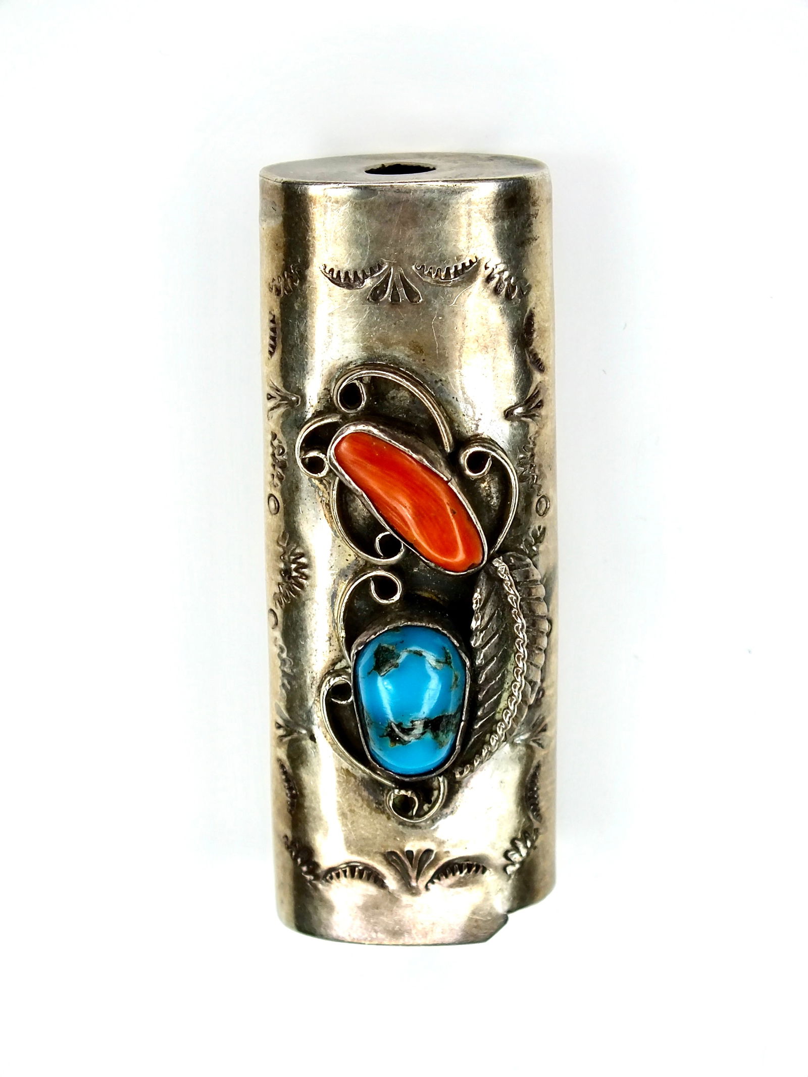 Mexico Native American Indian Silver Navajo Lighter Case Turquoise Coral: Mexico Native American Indian Silver Navajo Lighter Case Turquoise and Coral. Unmarked. Measurements pictured. Conditions pictured.