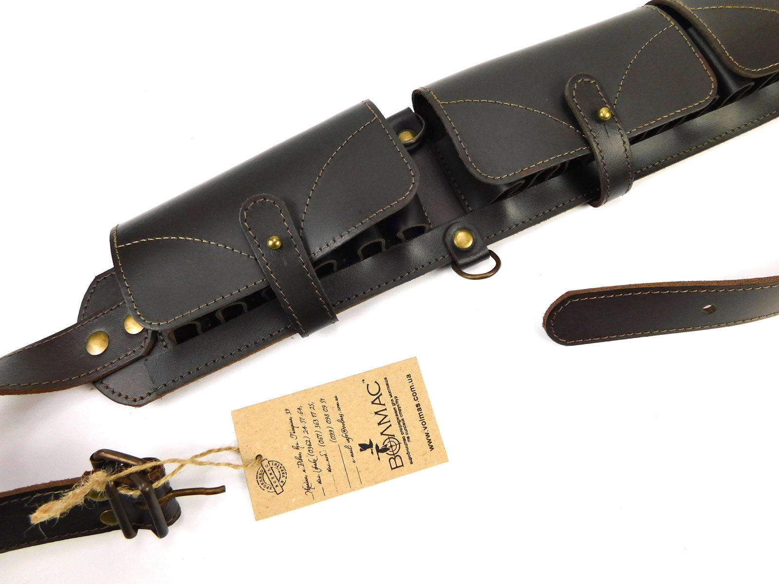 Dark brown Leather Cartridge Shotgun Rifle Belt Holder Bandolier Ammo Pouch New European: Dark Brown Leather Cartridge Shotgun Shell Belt Holder Bandolier w/ 4 Ammo Pouches (24 Pockets) New with tags. Made in Europe. Caliber :20 GA;16 GA;12 GA. Length: 51.18", width: 1.97", height: 3.54".