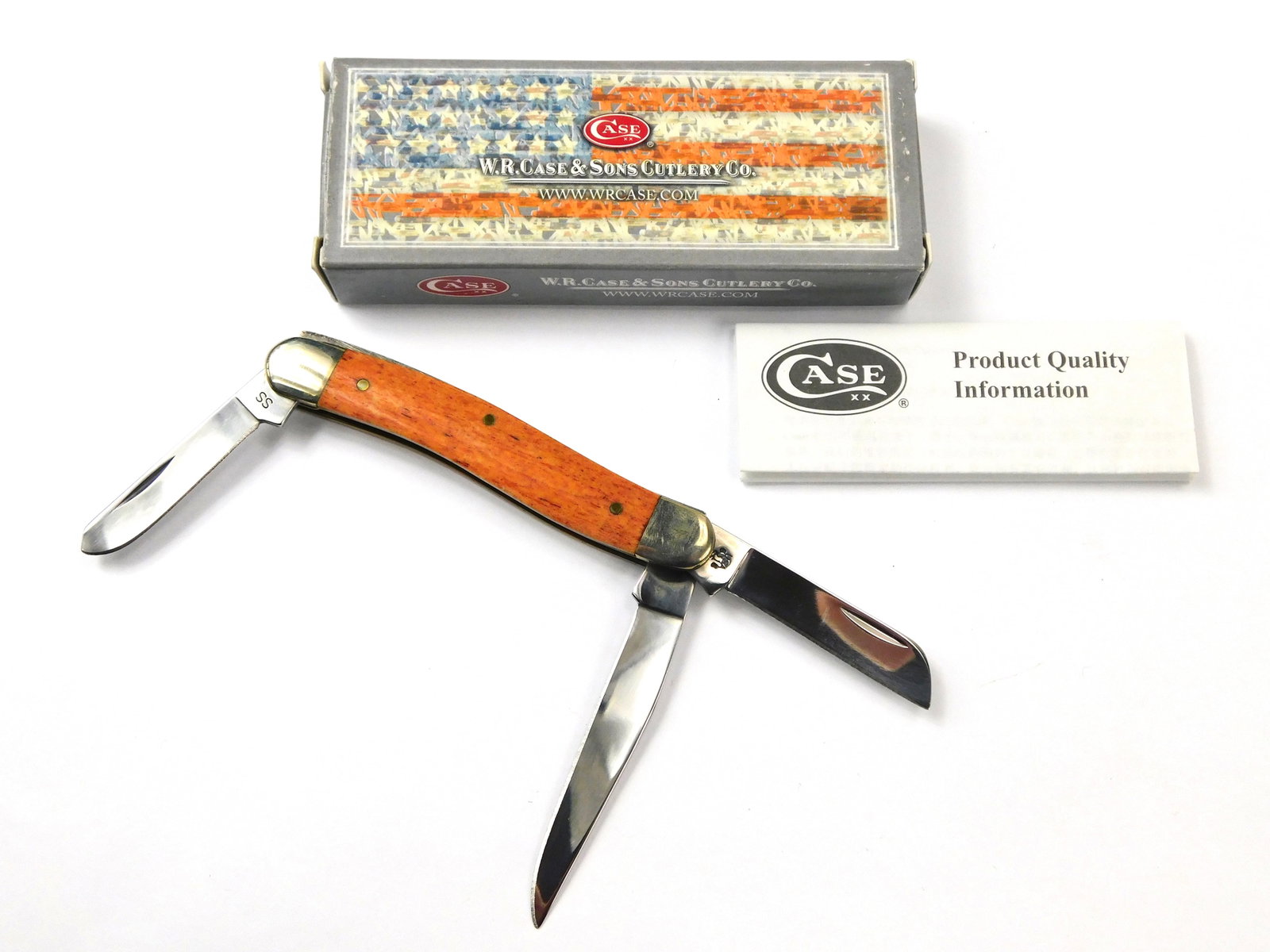 US 2014 Case XX Tested 6318 SS Stockman Chesnut 3 Blade Folding Pocket Knife: US 2014 Case XX Tested 6318 SS Stockman Chesnut Folding Pocket Knife with Box. New old stock. The blades snap, no wobble. Measurements are pictured.
