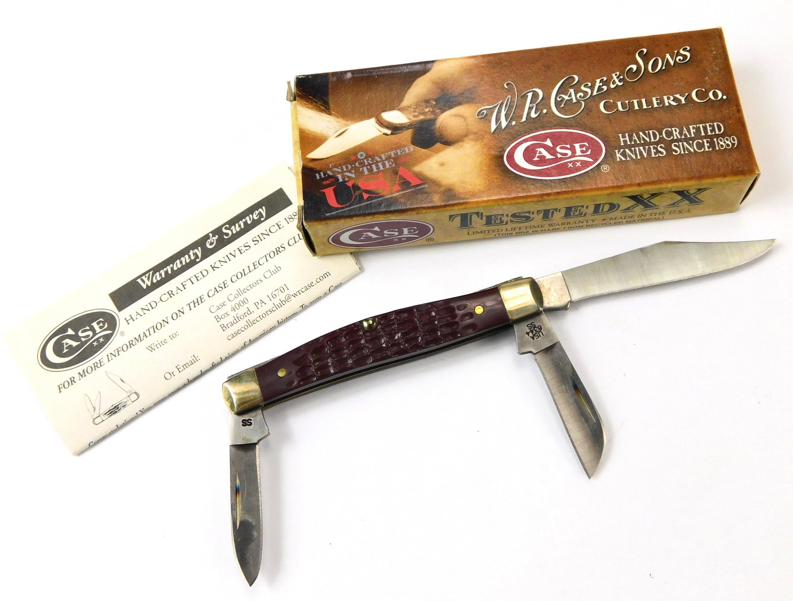 US 2011 Case XX Tested 6344 SS Stockman Brown 3 Blade Folding Pocket Knife: US 2011 Case XX Tested 6344 SS Stockman Brown Folding Pocket Knife with Box. New old stock. The blades snap, no wobble. Measurements are pictured.