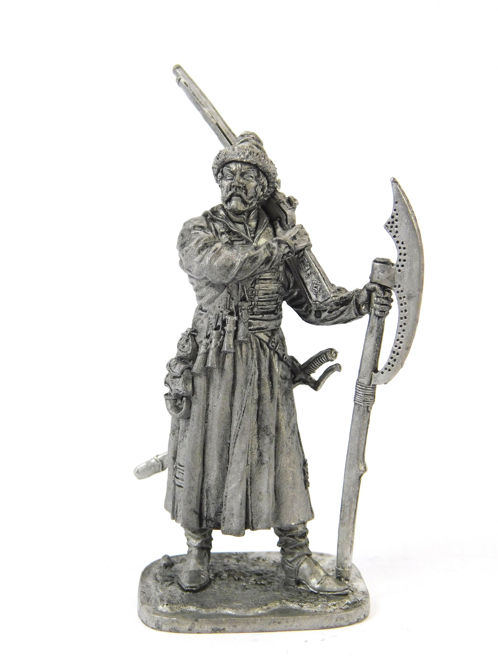 1970 European EK Castings Unpainted Tin Toy Soldier 17C Russian Moscow Strelets Figurine: Vintage 1970s European EK Castings Unpainted 1:32 Scale Tin Toy Soldier, Model M200,17th century Russian Moscow Strelets, marked on the top and bottom.