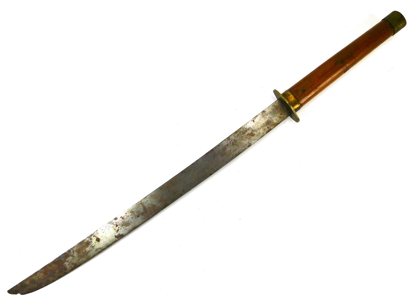 WW2 Vintage Chinese China Large & Heavy Katana Sword: Chinese WW2 Large & Heavy Katana Sword. No scabbard. The guard is loose, and the blade is bent a bit. 33 7/8" total length. The blade is 23 3/4". LiveAuctioneers is currently displaying only their own