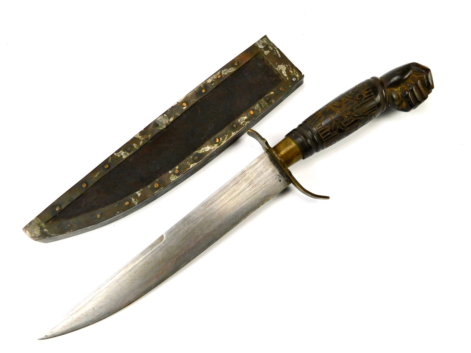 Antique Late 19 Century US Carved Handle Bowie Knife: Antique Late 19 Century US Carved Handle Bowie Knife with Scabbard. 11 1/4" long with a 7" blade. No international shipping for this item. LiveAuctioneers is currently displaying only their own expens