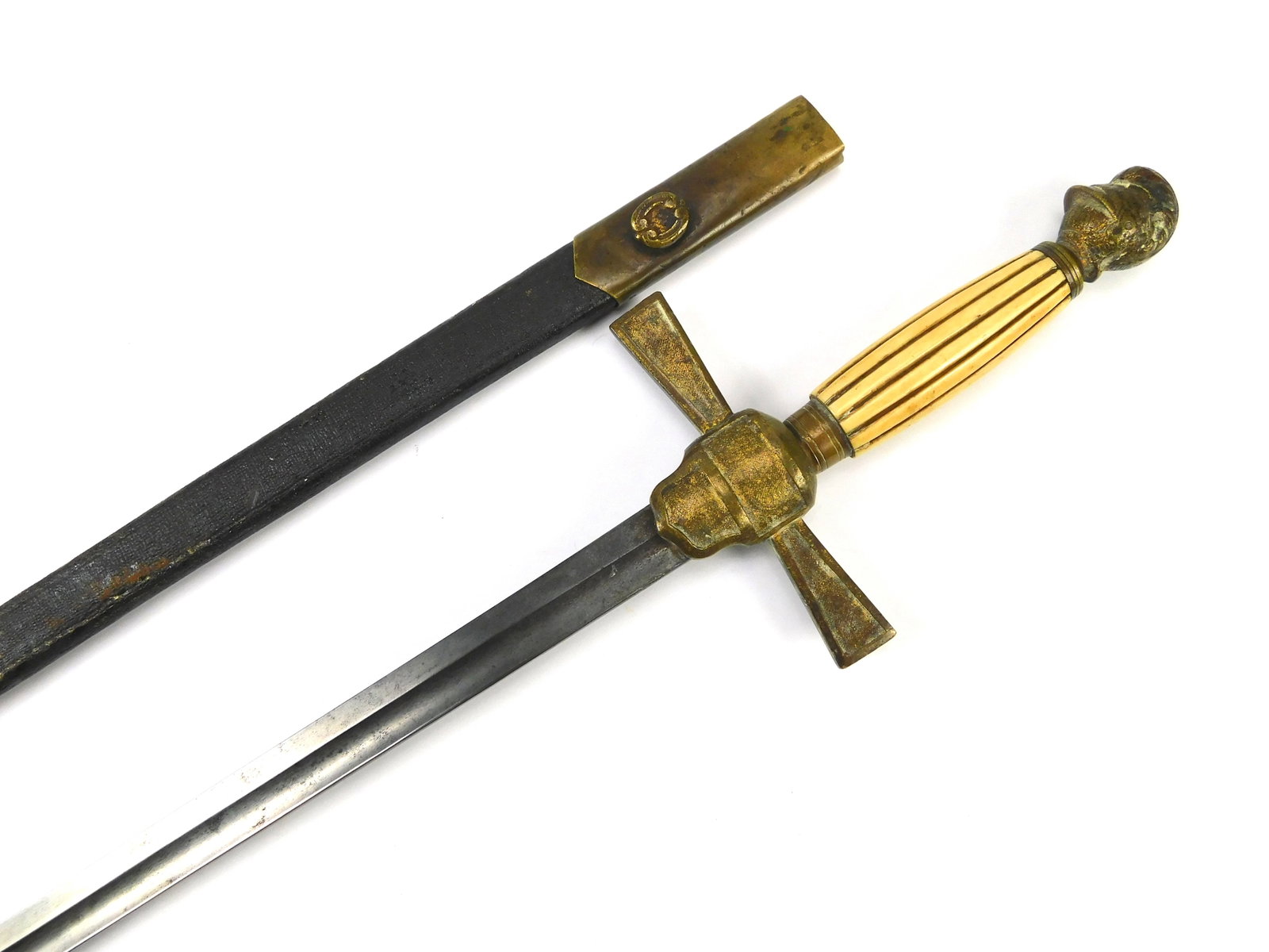 Antique US Civil War Knights Head Militia Sword w/ Scabbard: US Civil War Militia Sword with Scabbard. Ox bone handle. Handle parts are loose. 33 1/2" total length. The blade is 27 1/4". No international shipping for this item. LiveAuctioneers is currently disp