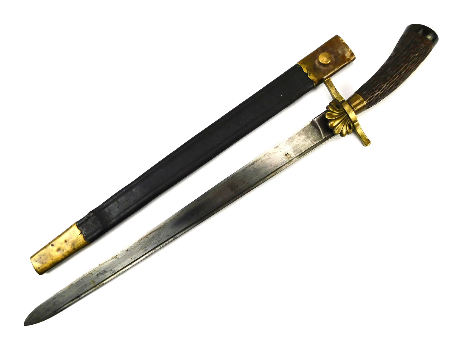 Imperial German Antique Hunting Short Sword Dagger: German WW1 Period Hunting Dagger with Scabbard. The guard has a bit of movement. Plastic handle. 24 1/2" total length. The blade is 19". LiveAuctioneers is currently displaying only their own expensiv