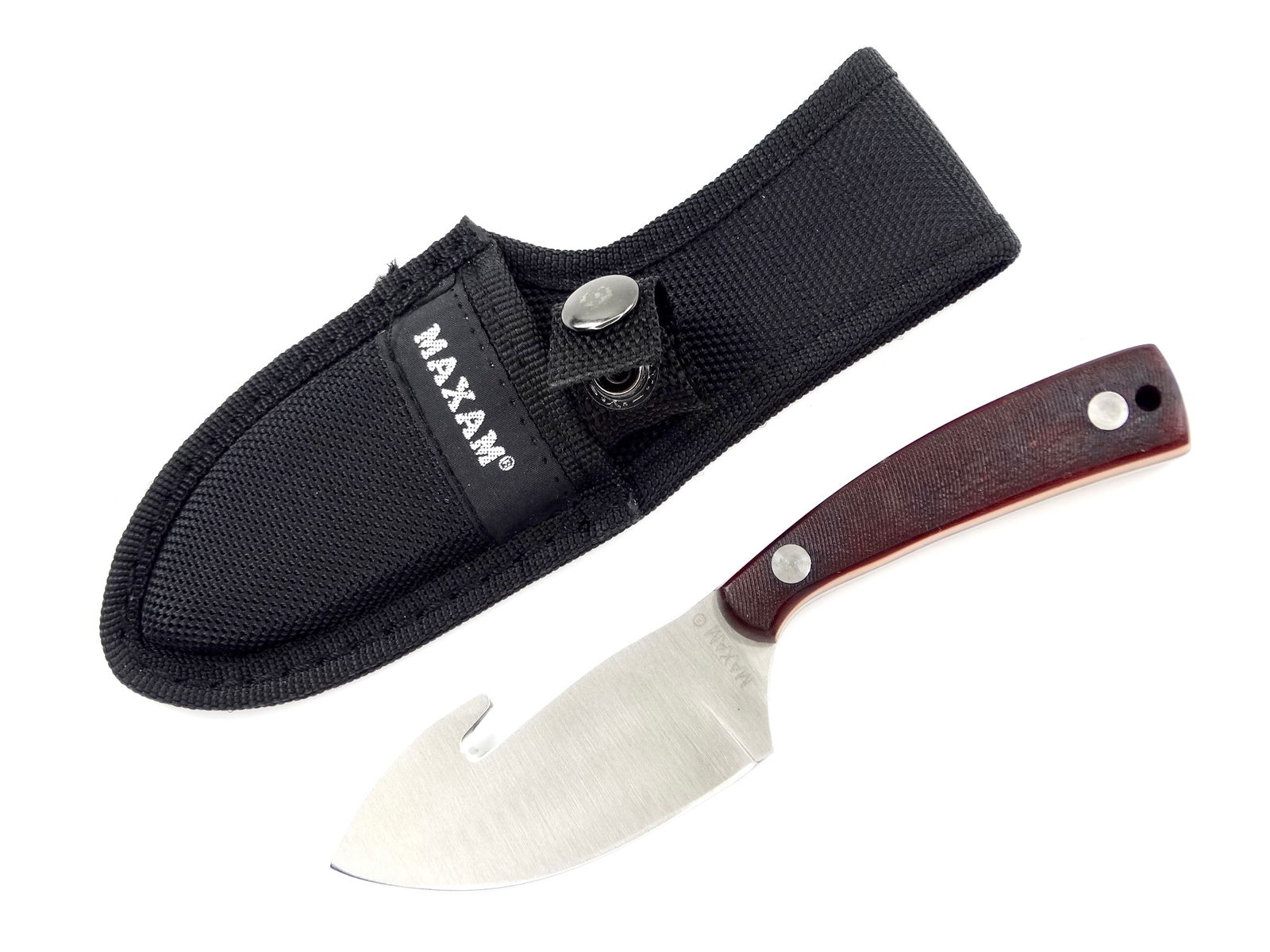 Maxam Skinner Hunting Hook Knife: Maxam Skinner Hunting Hook Knife with Sheath. New old stock. 7'' long with 3 3/8'' blade. LiveAuctioneers is currently displaying only it's own expensive shipping options. However, we offer reasonably