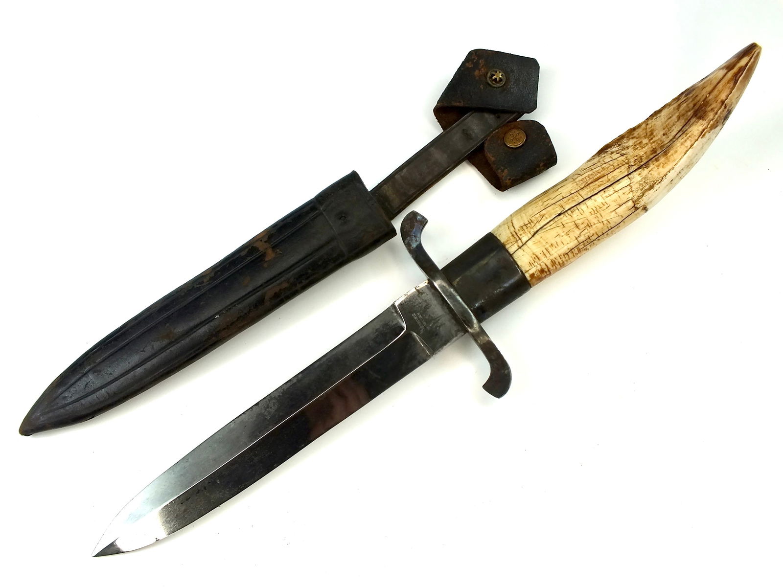 German Germany Antique 19 Century HERRFURTH Knife: German 19 Century HERRFURTH Hunting Fighting Knife with Leather Sheath. Ox bone handle. 14" total length. Blade is 7 1/2". Sorry, no international shipping for this item. LiveAuctioneers is currently