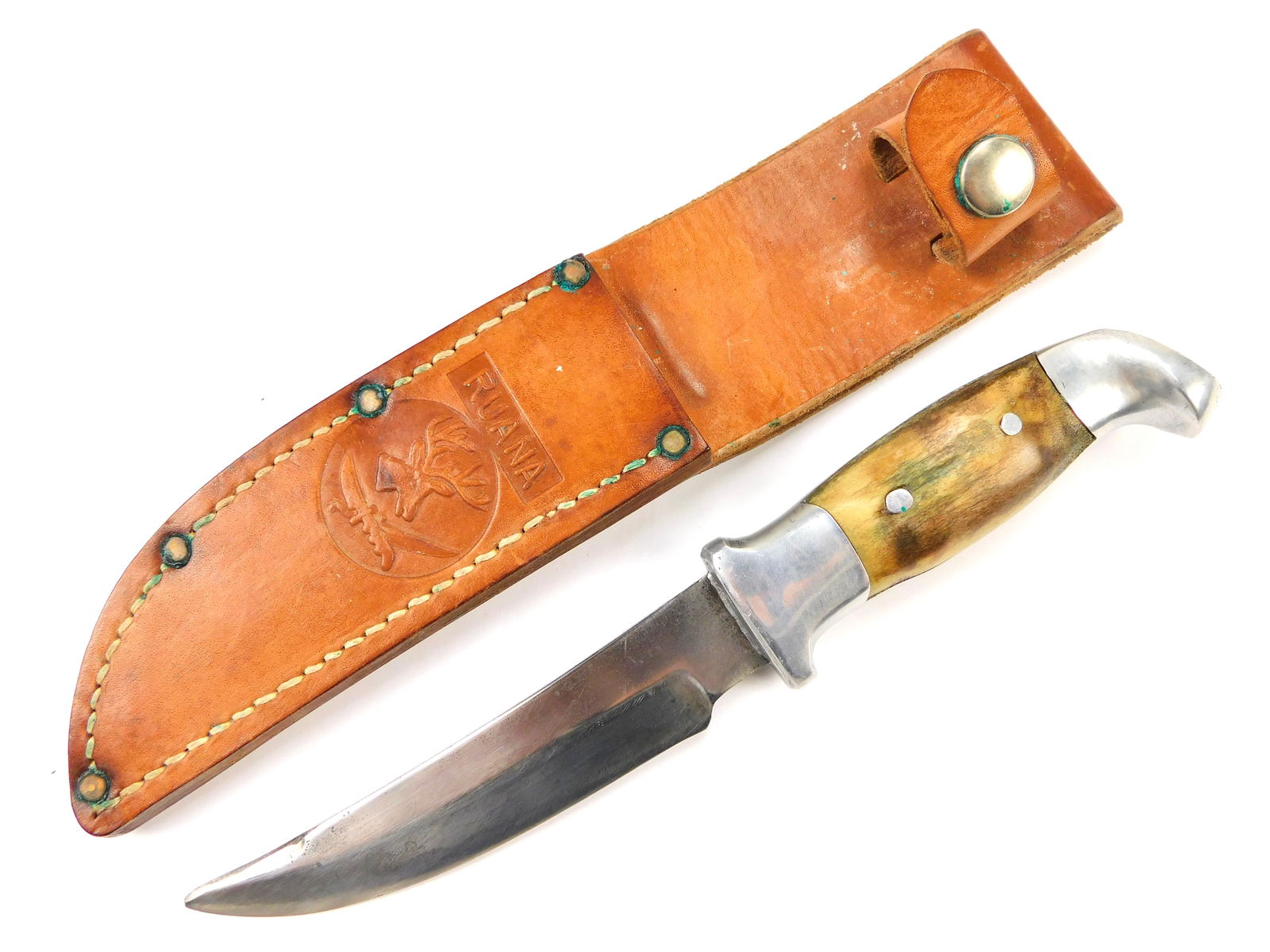 WW2 Rudy Ruana Bonner Montana S Marked Hunting Knife w/ Sheath Custom Made Vintage: Vintage US Custom Handmade R.H. RUANA Bonner, Montana "S" Marked Hunting Knife. Stag handle plates. With original leather sheath.. The knife is solid, with no loose parts. Size: 9 1/4" total length, t