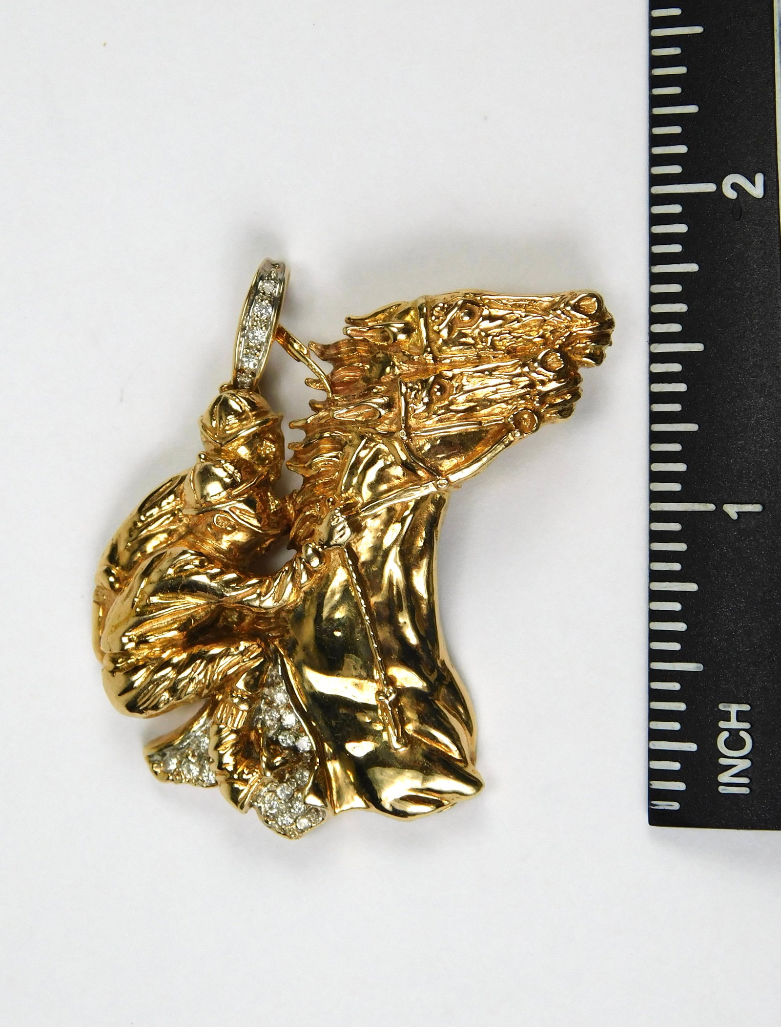 DJA Ashley 14K Yellow Gold Diamond Horse Rider Racing LARGE Heavy Pendant Jewelry: DJA Ashley 14K Yellow Gold & Small Diamonds Horses with Riders LARGE & Heavy Pendant. LiveAuctioneers is currently displaying only its own expensive shipping options. However, we offer reasonably pric