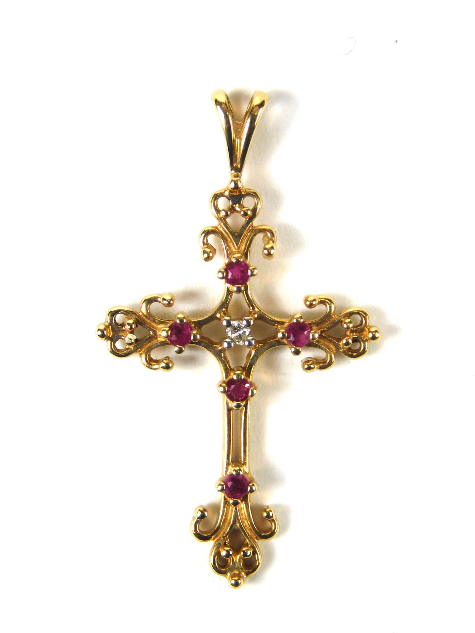 10K Yellow Gold Diamond Ruby Cross Pendant Jewelry: This item requires secure payment; Zelle, Venmo, check, money order, and ACH are free, while wire transfers incur a $40 fee. 10K Yellow Gold & Small Diamonds and Rubies Cross Pendant. LiveAuctioneers