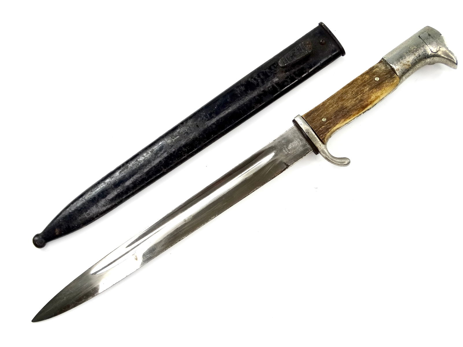 Germany German Mauser WW2 K98 Dress Bayonet Knife w/ Scabbard: German WW2 Mauser K98 Dress Bayonet with Scabbard. Blade and pommel have a bit of a side movement. Push-button is stuck. Bayonet is 14 1/2" long with 9 3/4" blade. Condition pictured. LiveAuctioneers