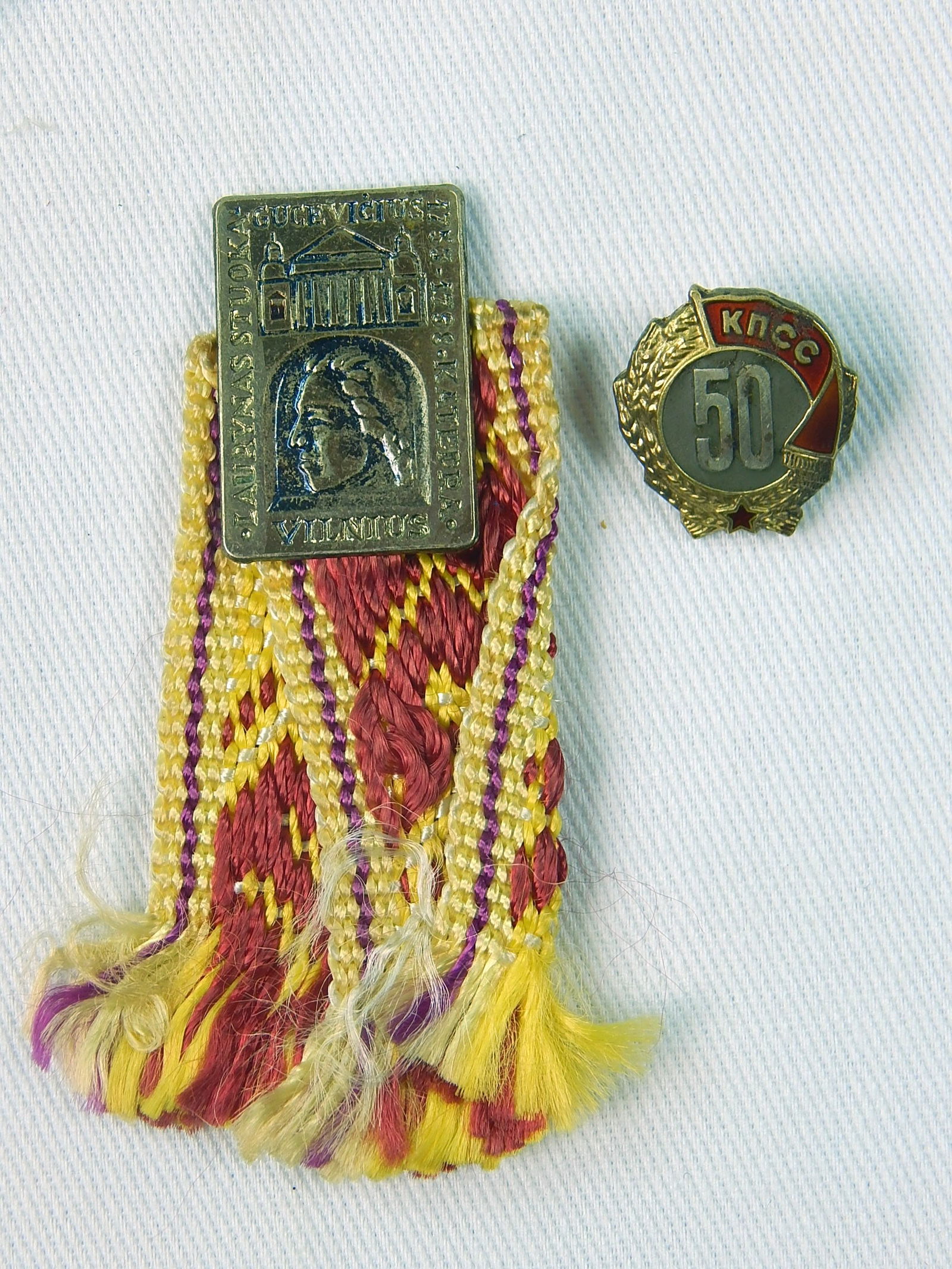 Soviet Russian Lithuanian Badge & 50 Years KPSS Silver Pin: Vintage Soviet Russian Lithuanian Badge and Soviet Russian 50 Years KPSS Anniversary Small Sterling Silver Pin Lot. LiveAuctioneers is currently displaying only it's own expensive shipping options. Ho