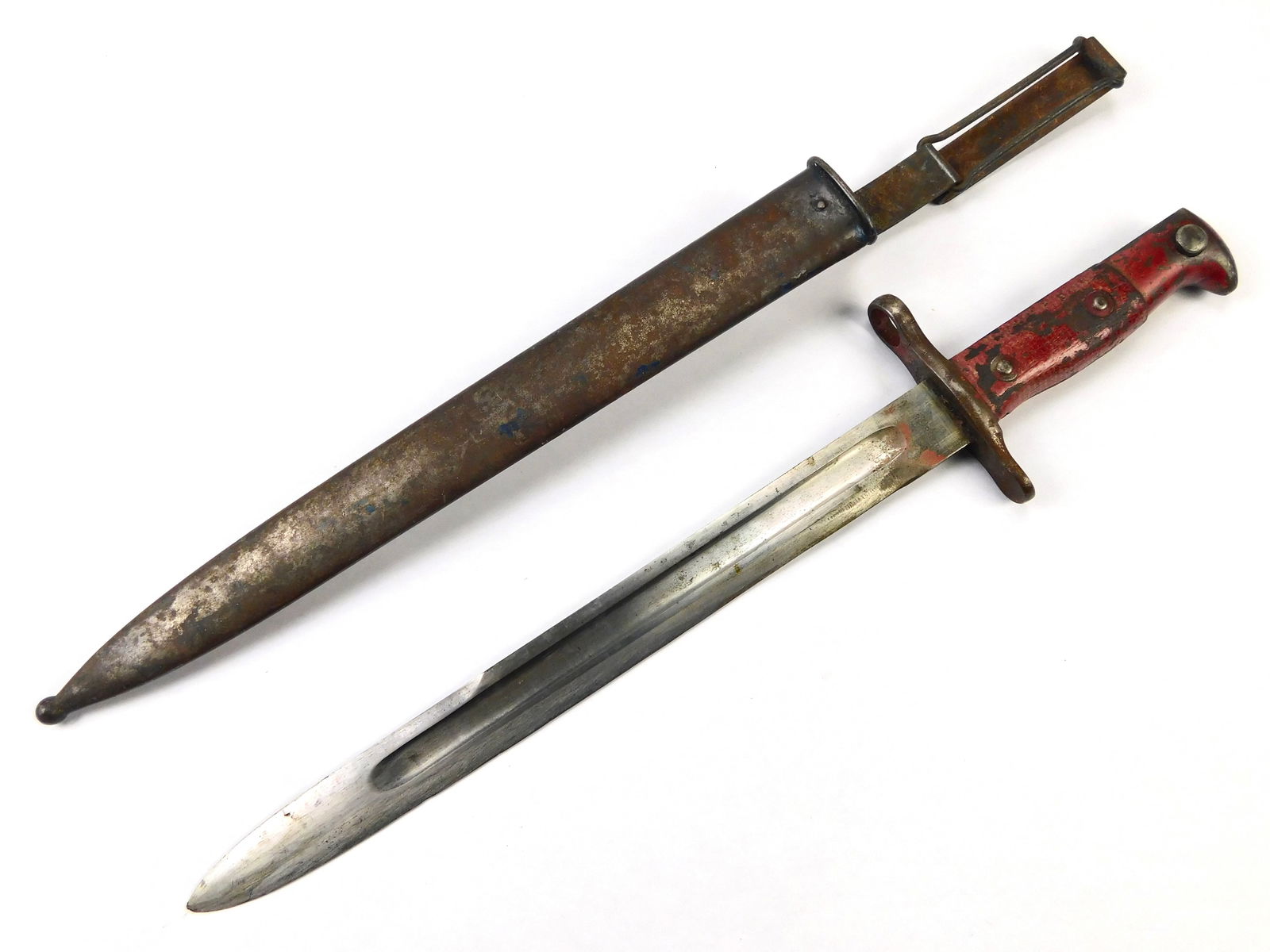 Antique Spanish American War Krag Rifle Bayonet Fighting Knife w/ Scabbard: Spanish-American War Krag Rifle Bayonet with Scabbard. Solid. Push-button works. 16 1/2" long with 11 5/8" blade. LiveAuctioneers is currently displaying only it's own expensive shipping options. Howe