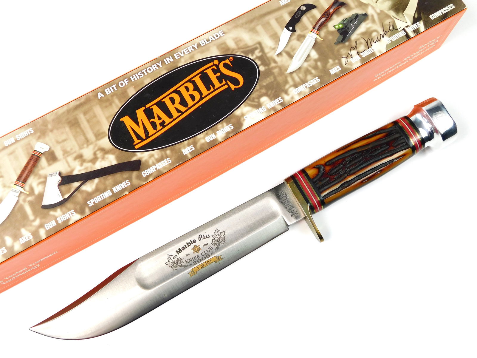2005 MARBLES Limited Marble Plus Club 8" IDEAL Knife: US 2005 MARBLES Limited Edition Marble Plus Club IDEAL Knife with Original Box. No sheath. One of 101. Size: 12 7/8" total length, blade is 8".LiveAuctioneers is currently displaying only it's own exp