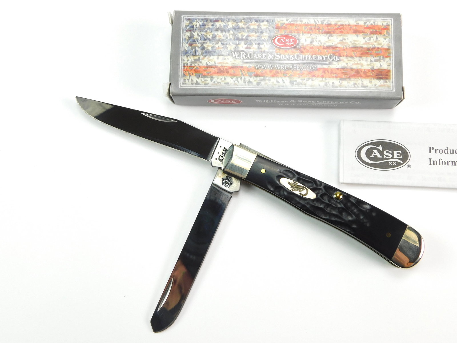 2014 Case XX Tested 6254 SS Trapper Black Folding Knife: US 2014 Case XX Tested 6254 SS Trapper Rough Black Folding Pocket Knife with Box. New old stock. The blades snap, no wobble. Measurements are pictured. LiveAuctioneers is currently displaying only it'