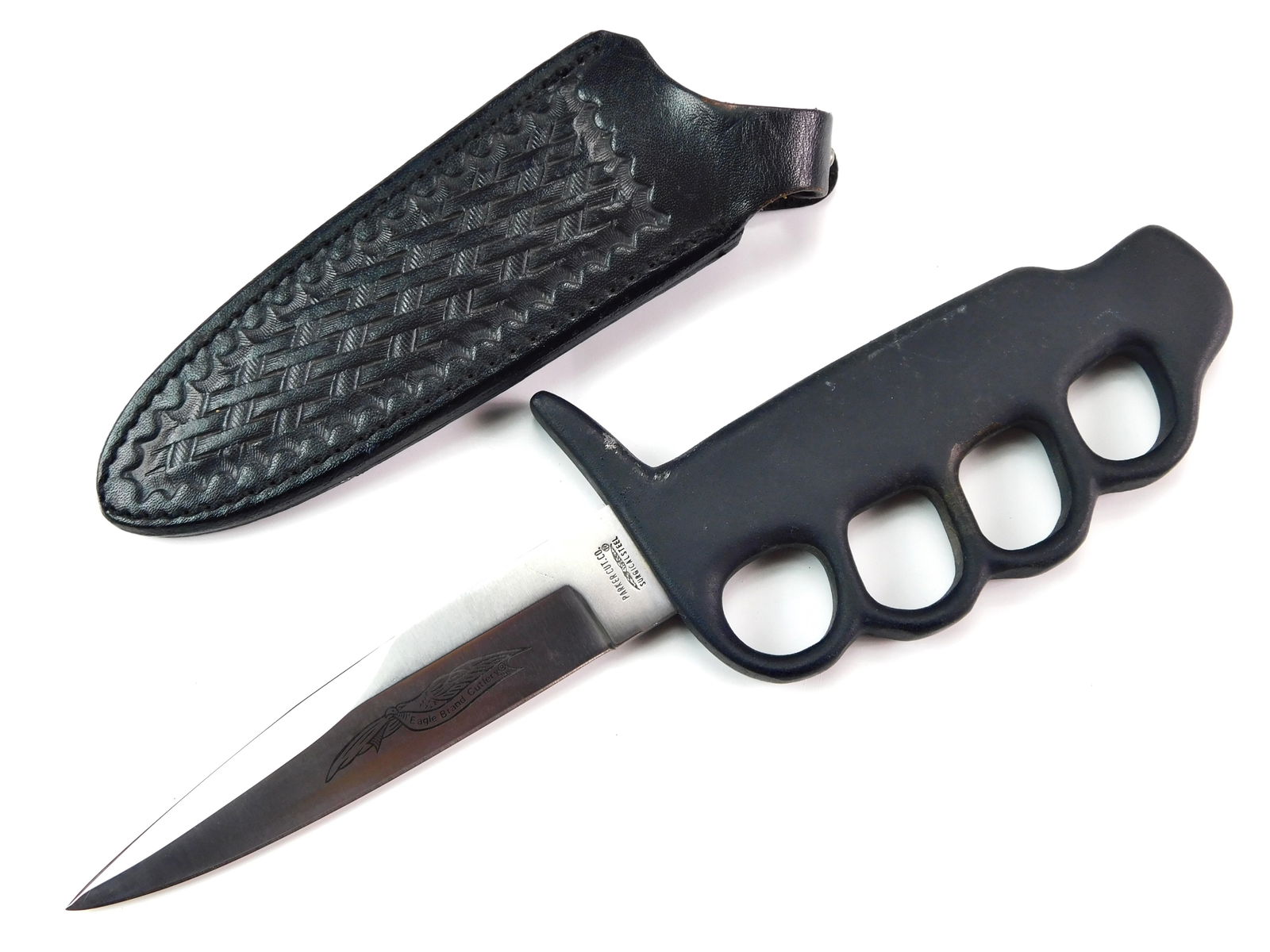 Vintage Japan Parker Eagle Brand Cutlery Knife Dagger: Vintage Japan Made Parker Eagle Brand Cutlery Fighting Knife with Sheath. 10 long with a 5" blade. Solid. LiveAuctioneers is currently displaying only it's own expensive shipping options. However, we