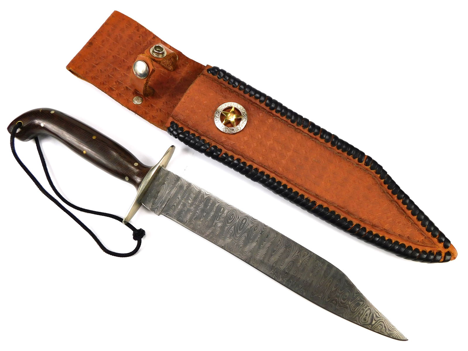 Custom Made by MARK BROWN Howell MI US Damascus Bowie Fighting Knife: Custom Made MARK BROWN Howell, MI Damascus Fighting Knife with Custom Leather Sheath. The knife is solid, no loose parts. Size: 15" total length, the blade is 9 5/8". LiveAuctioneers is currently disp
