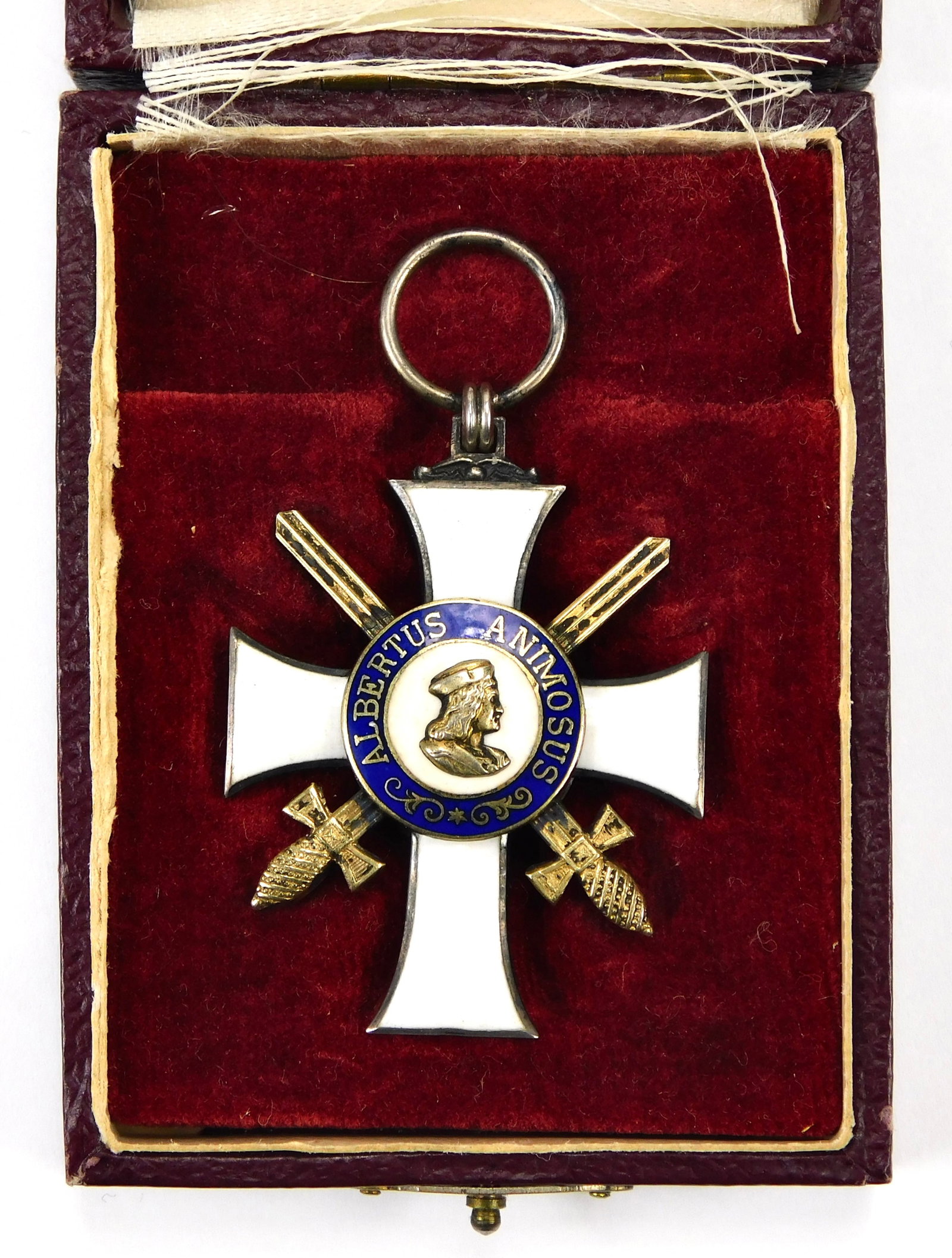 Imperial Germany Saxony Order of Albrecht Knight Cross with Swords 2 Class: In-House Shipping. Imperial German Kingdom of Saxony Order of Albrecht Knight Cross with Swords II Class in original case. White enamel cross with gilt profile of Duke Albert, reverse with Saxon coat 