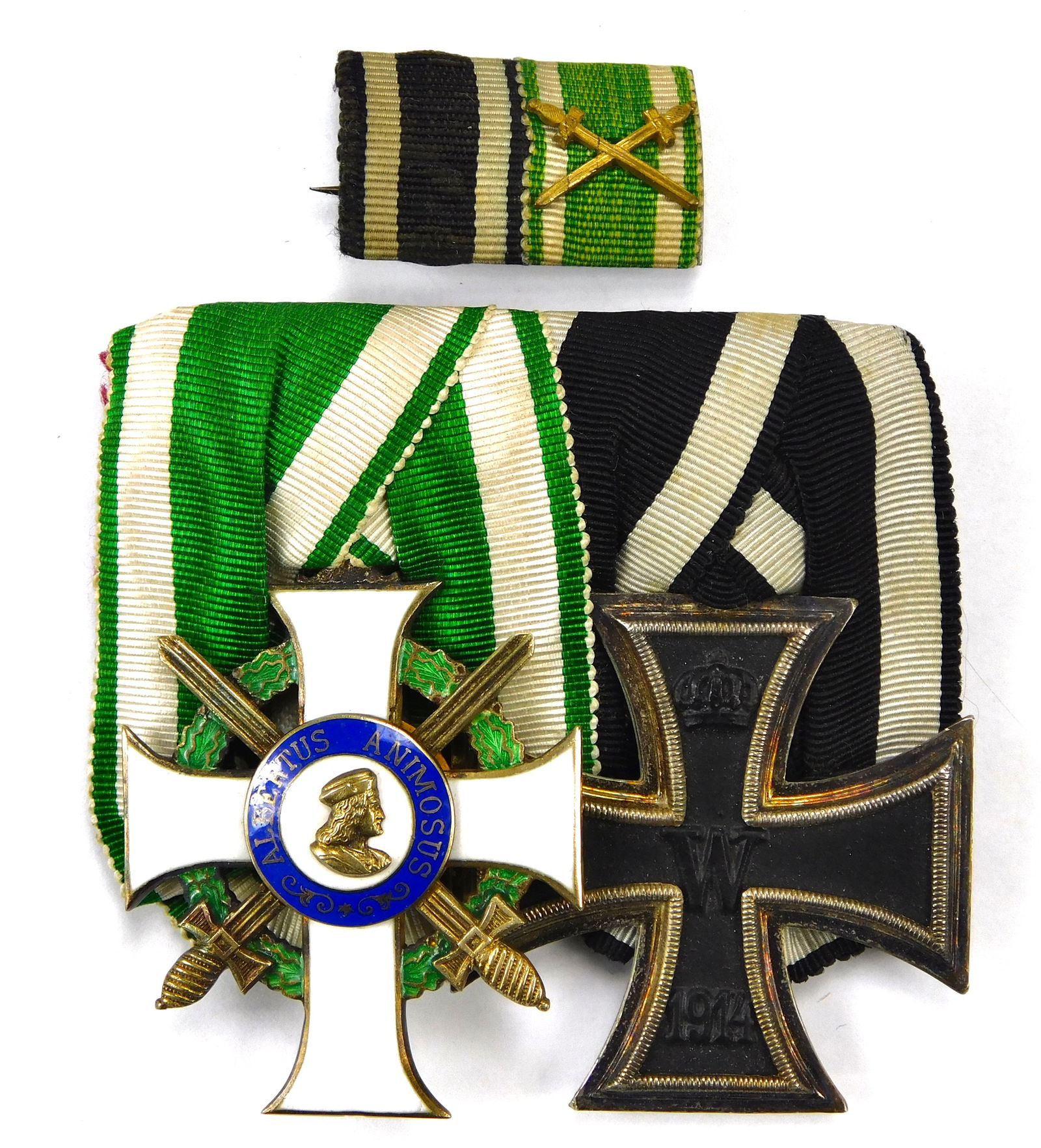 Imperial German Saxon Medal Bar w/ Albrecht Order Iron Cross: In-House Shipping. Imperial German Pre-1918 Saxon mounted medal bar featuring the Albrecht Order Knight’s Cross 1st Class with Swords by Scharffenberg, the Prussian Iron Cross 2nd Class 1914 and