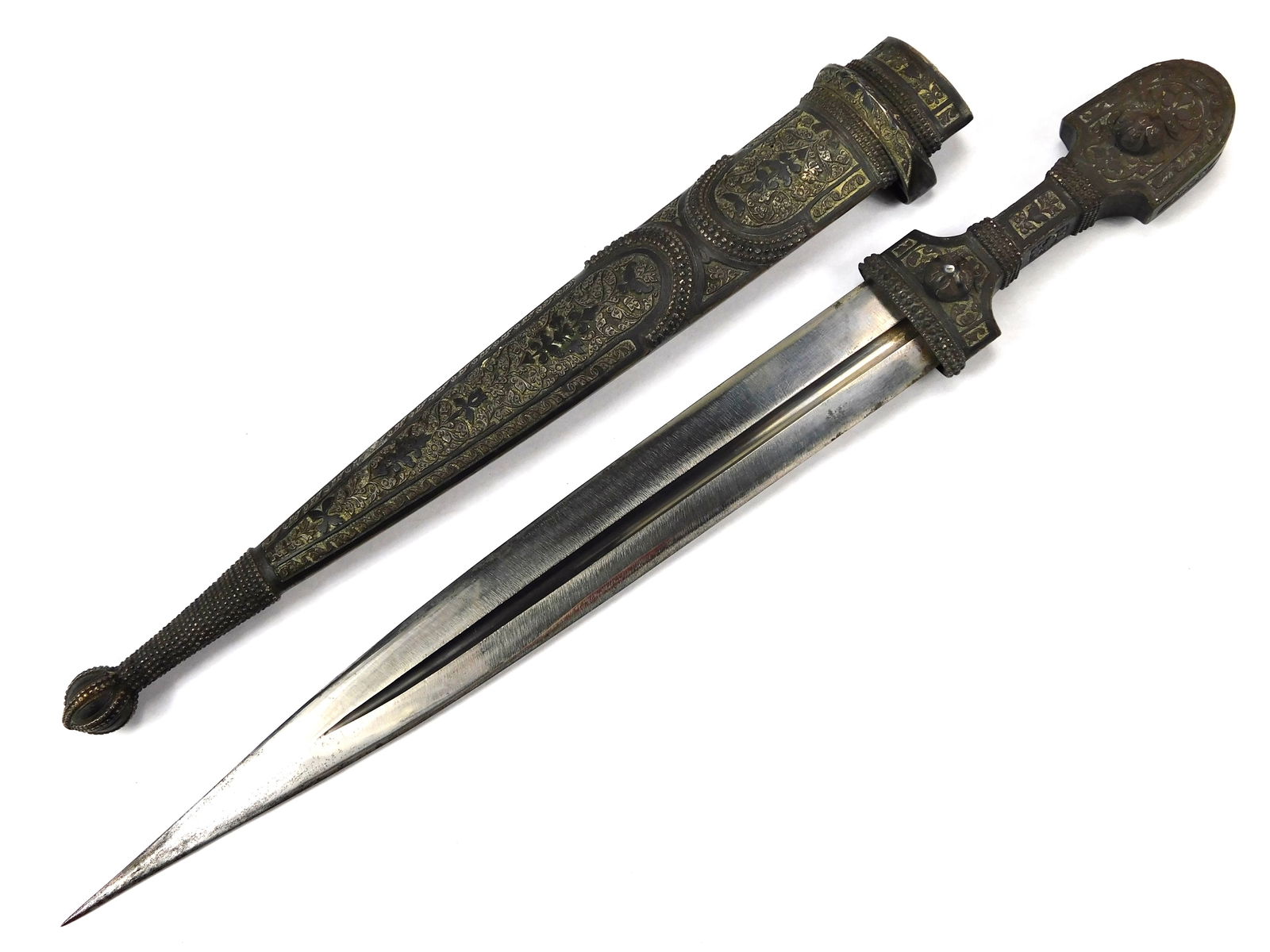 Antique 19th C. Imperial Russian Caucasian Kindjal with Silver Niello Mounts: In-House Shipping. Attractive 19th Century Imperial Russian Caucasian Kindjal featuring silver niello mounts and traditional form. A classic example of high-quality Caucasian workmanship from the Impe