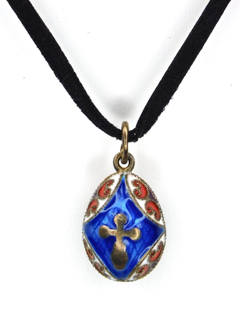 Imperial Russian Fabergé Style 960 Silver Guilloché Enamel Orthodox Cross Egg Pendant: In House Shipping. Imperial Russian Fabergé-style egg pendant crafted in .960 silver with gold-tone vermeil finish and colorful enamel decoration. Features a raised Orthodox cross against a vivid