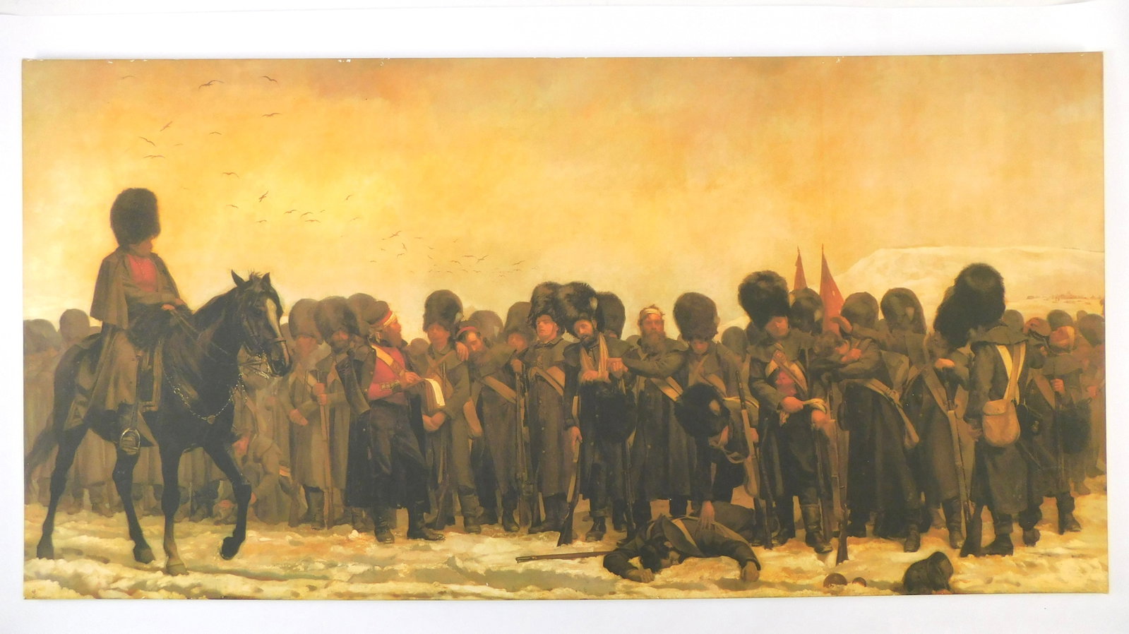 Large 20" x 40" Print on Canvas The Roll Call by Lady Elizabeth Butler: In-House Shipping. Large 20" x 40" Print on Canvas "The Roll Call" by Lady Elizabeth Butler, unframed. Grenadier Guards exhausted, standing in the snow after the battle, during the Crimean war awaitin