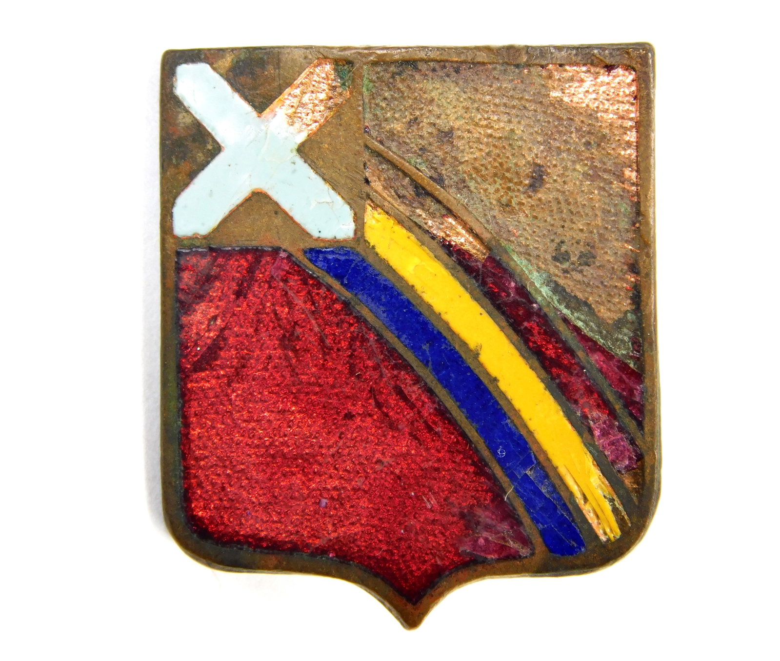 US Army 246th Coast Artillery Regiment DUI Enamel Screw Back Unit Crest: In House Shipping. U.S. Army 246th Coast Artillery Regiment Distinctive Unit Insignia featuring a shield-shaped design with red, blue, yellow and white enamel decoration. Screw-back construction with 