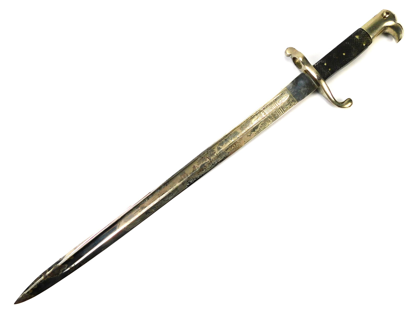 Imperial German WKC Solingen Jager Jaeger Hunting Etched Dress Bayonet 19C: In-House Shipping. Original Imperial German 19th Century Jager/Jaeger dress bayonet by WKC Solingen featuring an extensively etched blade with hunting and woodland scenes, animals, decorative foliage 