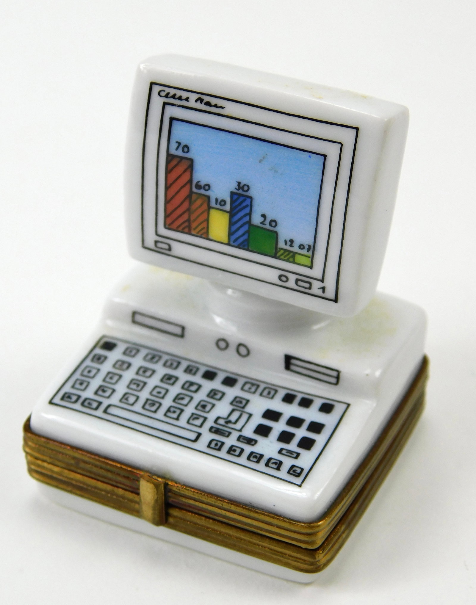 La Gloriette Limoges France Retro Desktop Computer Porcelain Trinket Box: In House Shipping. La Gloriette Limoges France hand-painted porcelain trinket box modeled as a retro desktop computer with monitor and keyboard. The dimensional design features a CRT-style monitor dis