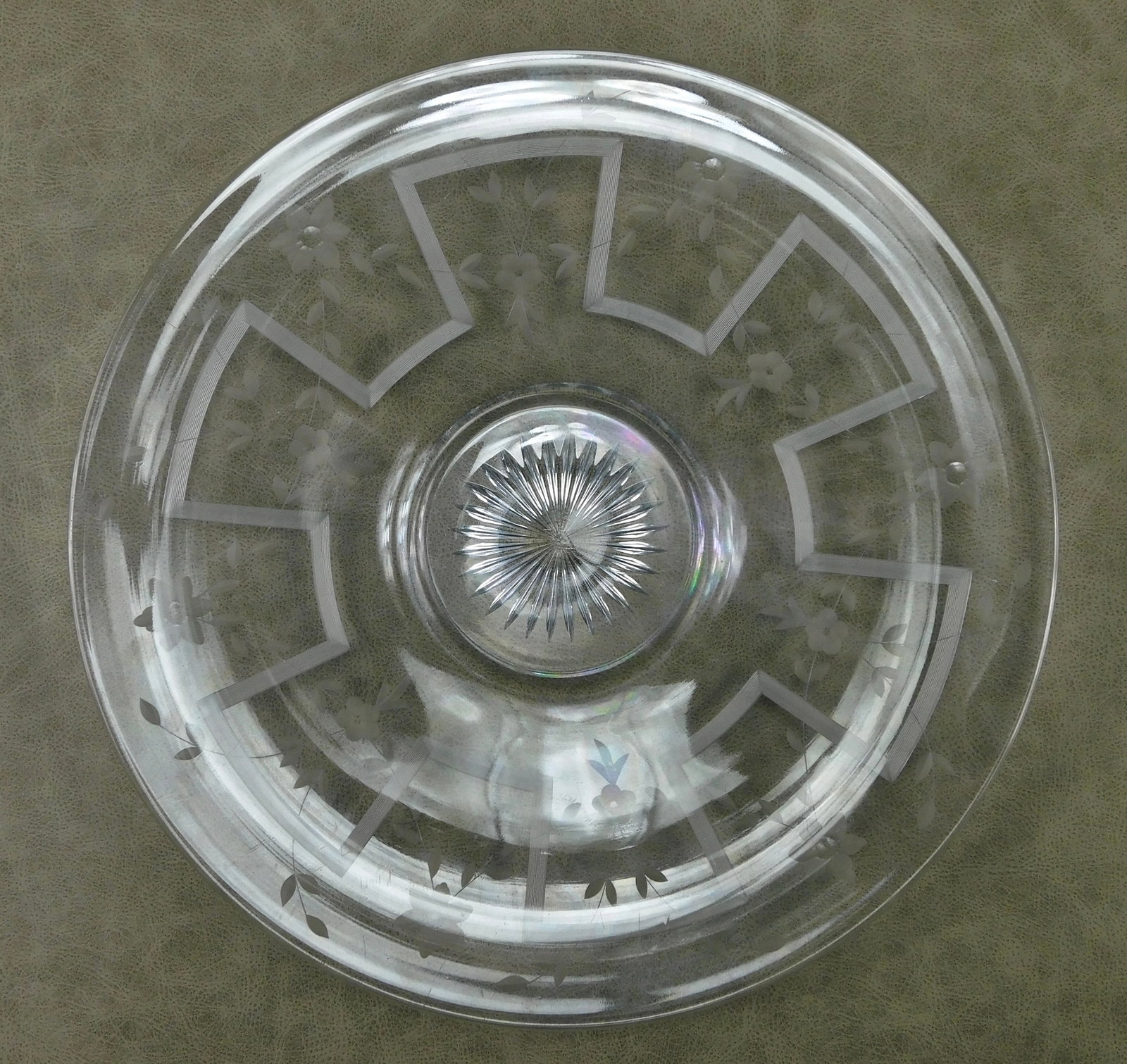 Antique Heisey Etched Glass Serving Bowl Floral Greek Key Pattern 1908 to 1957 (1 of 6)