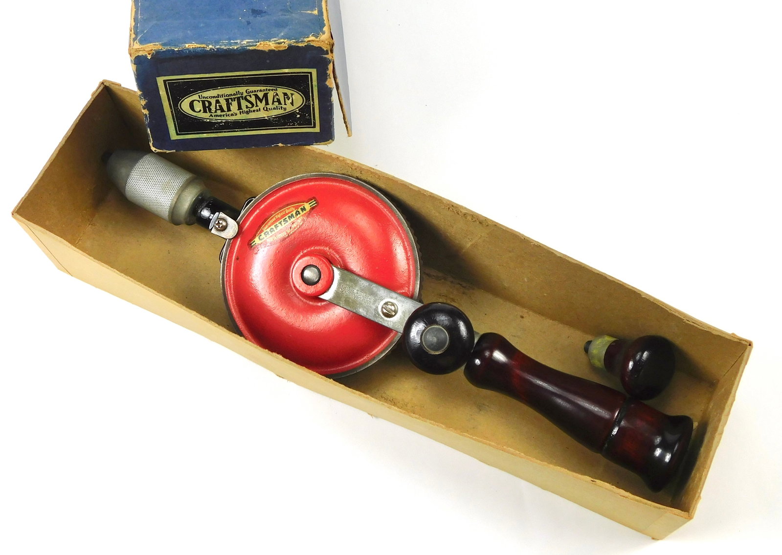 Vintage Craftsman No. 107.1 Hand Crank Drill with Original Box 1950s: Vintage Craftsman No. 107.1 egg beater style hand crank drill, dating approximately to the 1950s, complete with its original Craftsman blue cardboard box.Marked CRAFTSMAN MADE IN U.S.A. 107.1 on the m
