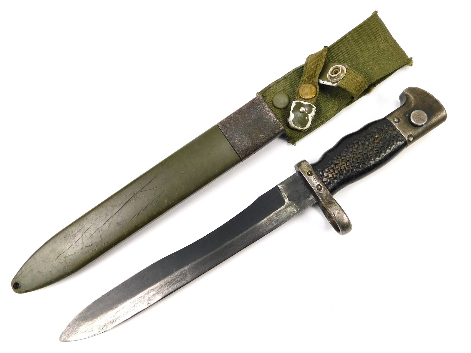 Vintage Spanish Spain Bayonet Fighting Knife w/ Scabbard: Vintage Spanish Bayonet with Scabbard. Solid. Push-button works. 14 1/4" long with 8 3/4" blade