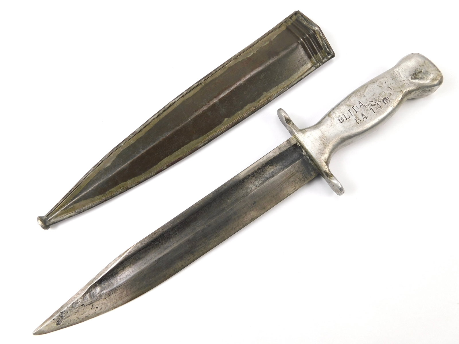 French France Vietnam War Vintage Sword Blade Fighting Knife Named w/ Scabbard: French Vietnam War Fighting Knife with Scabbard. French air force base 140 (Base Arienne 140)is in Blida, in the north of Algeria, which was active from 1930 to 1962. 12 1/4" total length. The blade i