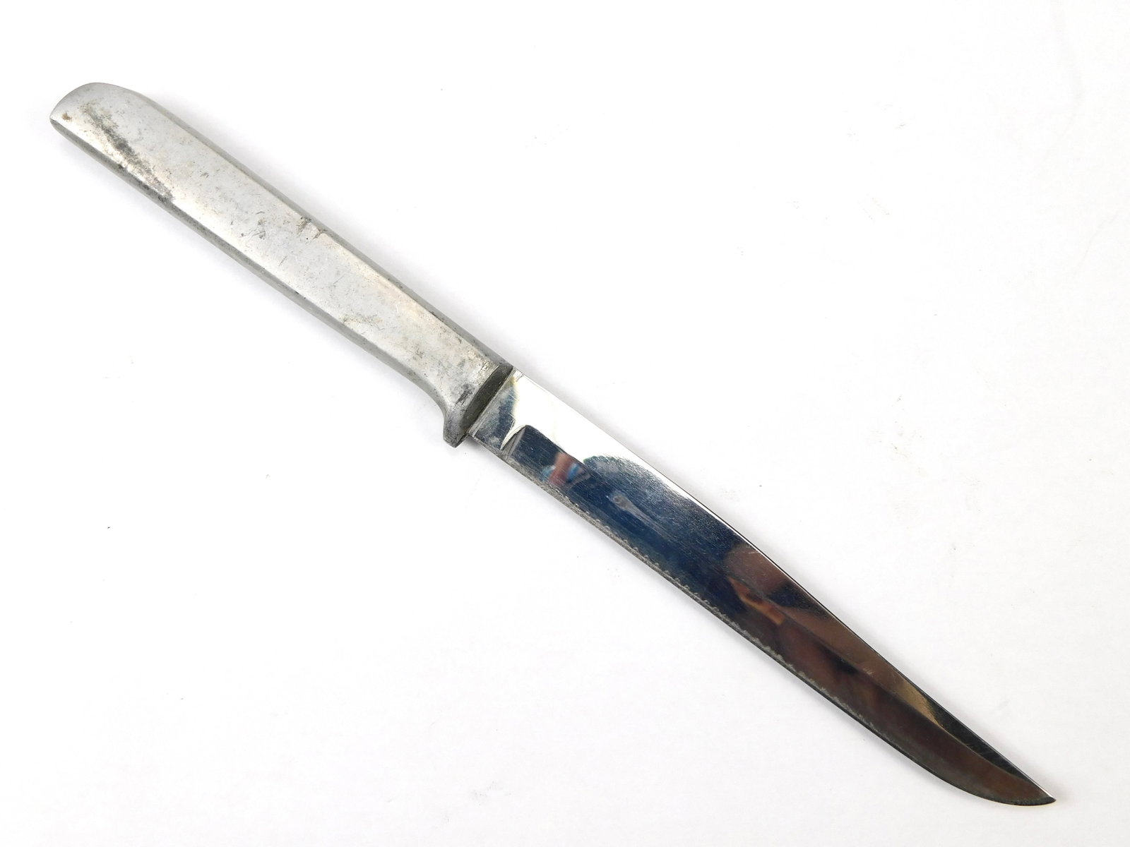 Vintage Small Aluminum Handle Hunting Knife: Vintage Small Aluminum Handle Hunting Knife. No sheath. Tight, no loose parts. The knife is 8 7/8" long with a 4 7/8" blade.
