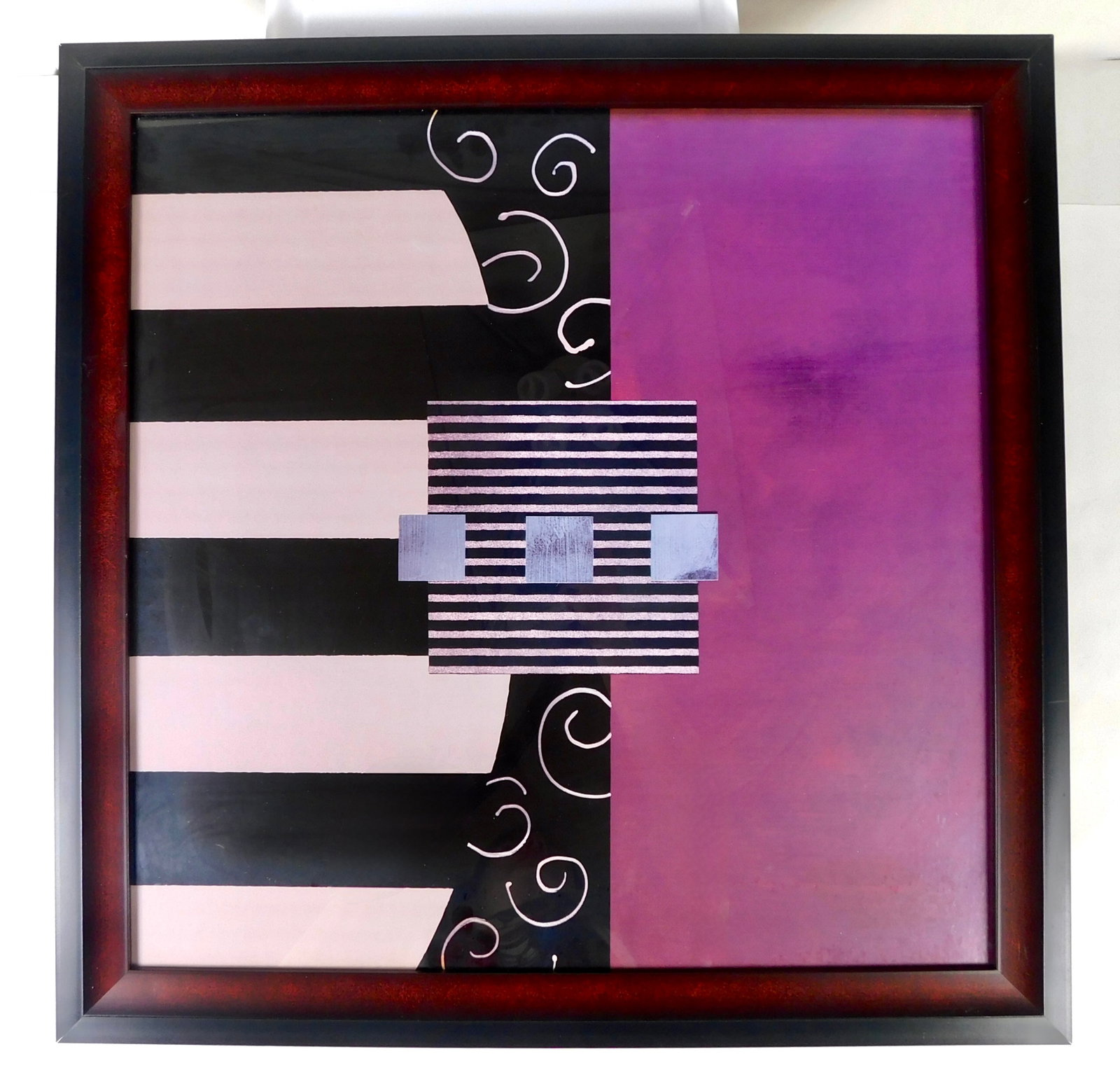 Analogous Fusion Contemporary Geometric Abstract Framed Art Print: In House Shipping. Contemporary geometric abstract graphic print titled Analogous Fusion. The composition combines contrasting patterns and textures, with black and off-white horizontal stripes and