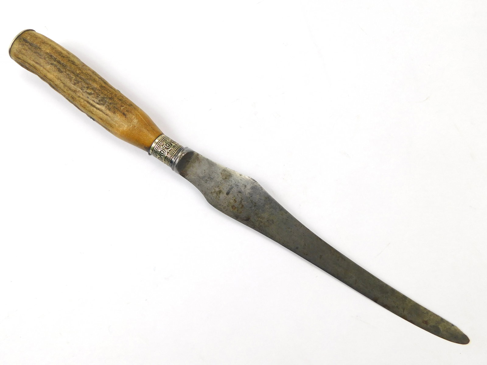 Antique English British Sheffield England Stag Silver Kitchen Knife: Antique Sheffield England Kitchen Knife. Stag handle, silver fitting. 13 7/8" long with 8 1/8" blade.